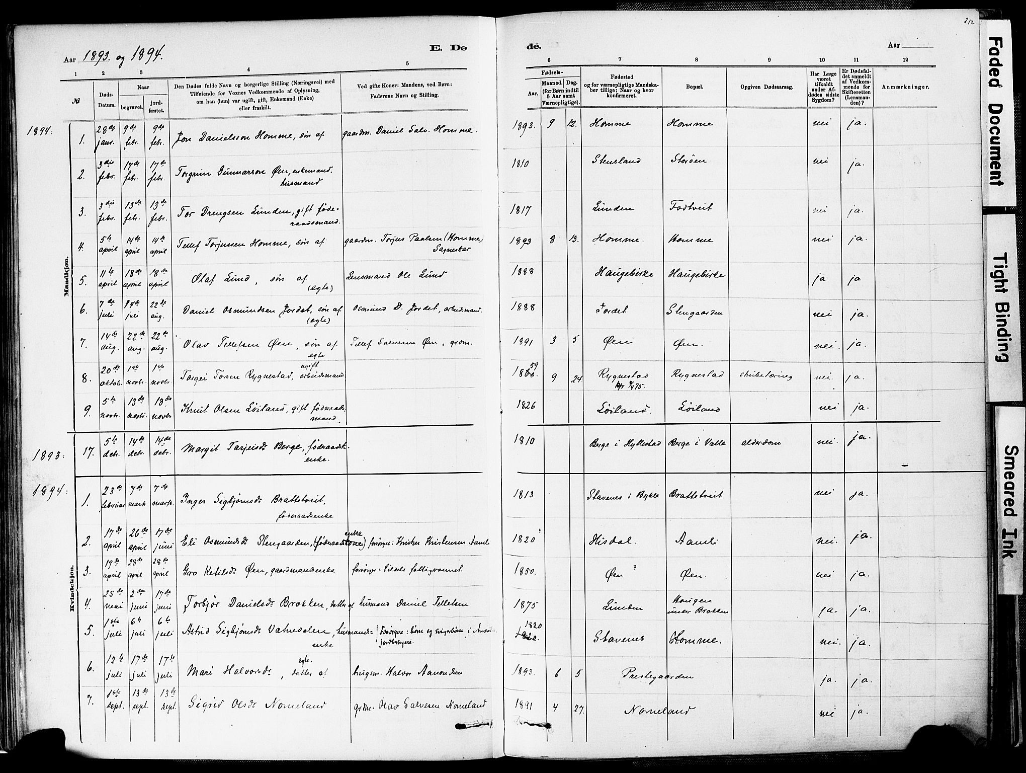 Valle sokneprestkontor, SAK/1111-0044/F/Fa/Fac/L0009: Parish register (official) no. A 9, 1882-1913, p. 212