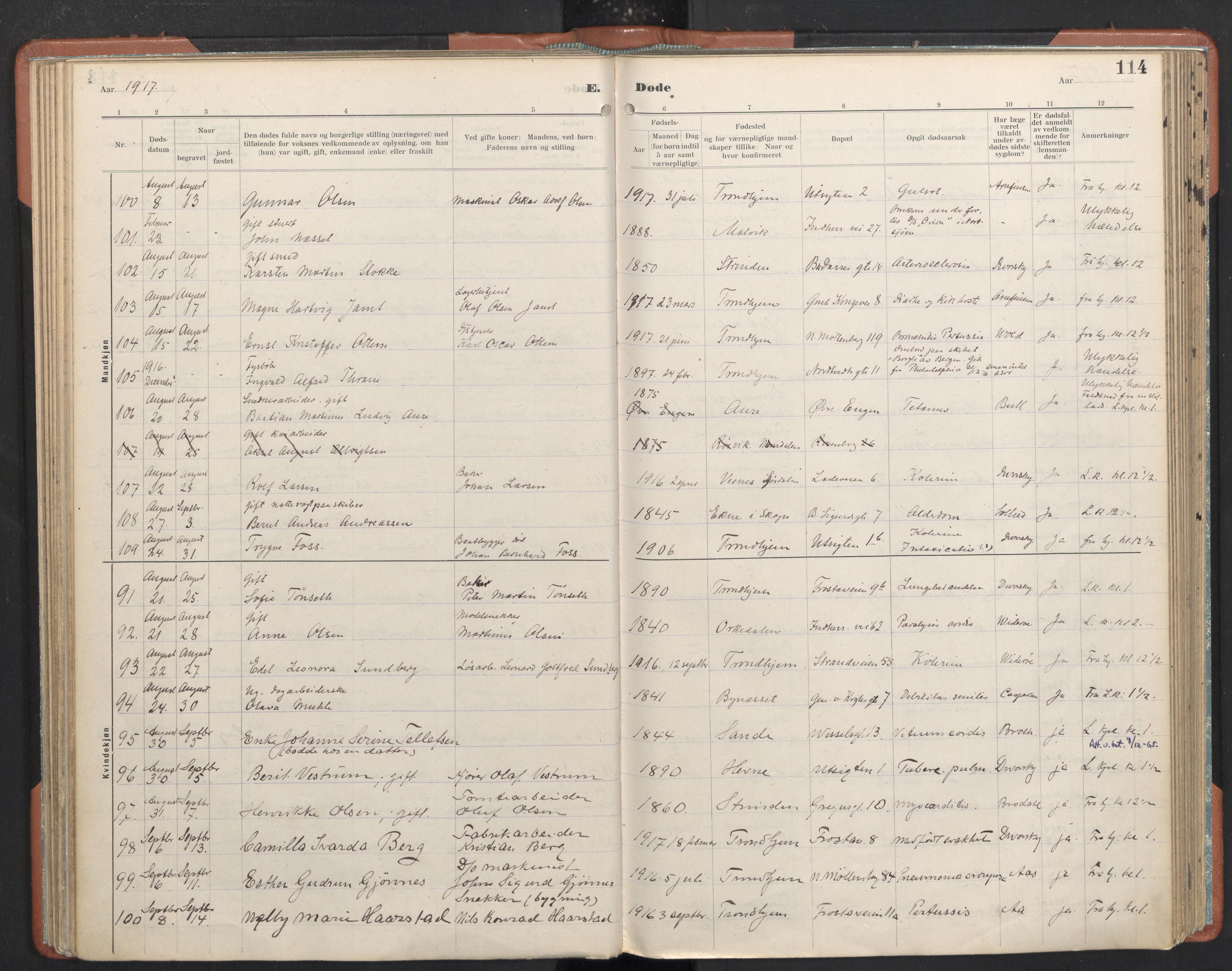 Ministerialprotokoller, klokkerbøker og fødselsregistre - Sør-Trøndelag, AV/SAT-A-1456/605/L0245: Parish register (official) no. 605A07, 1916-1938, p. 114