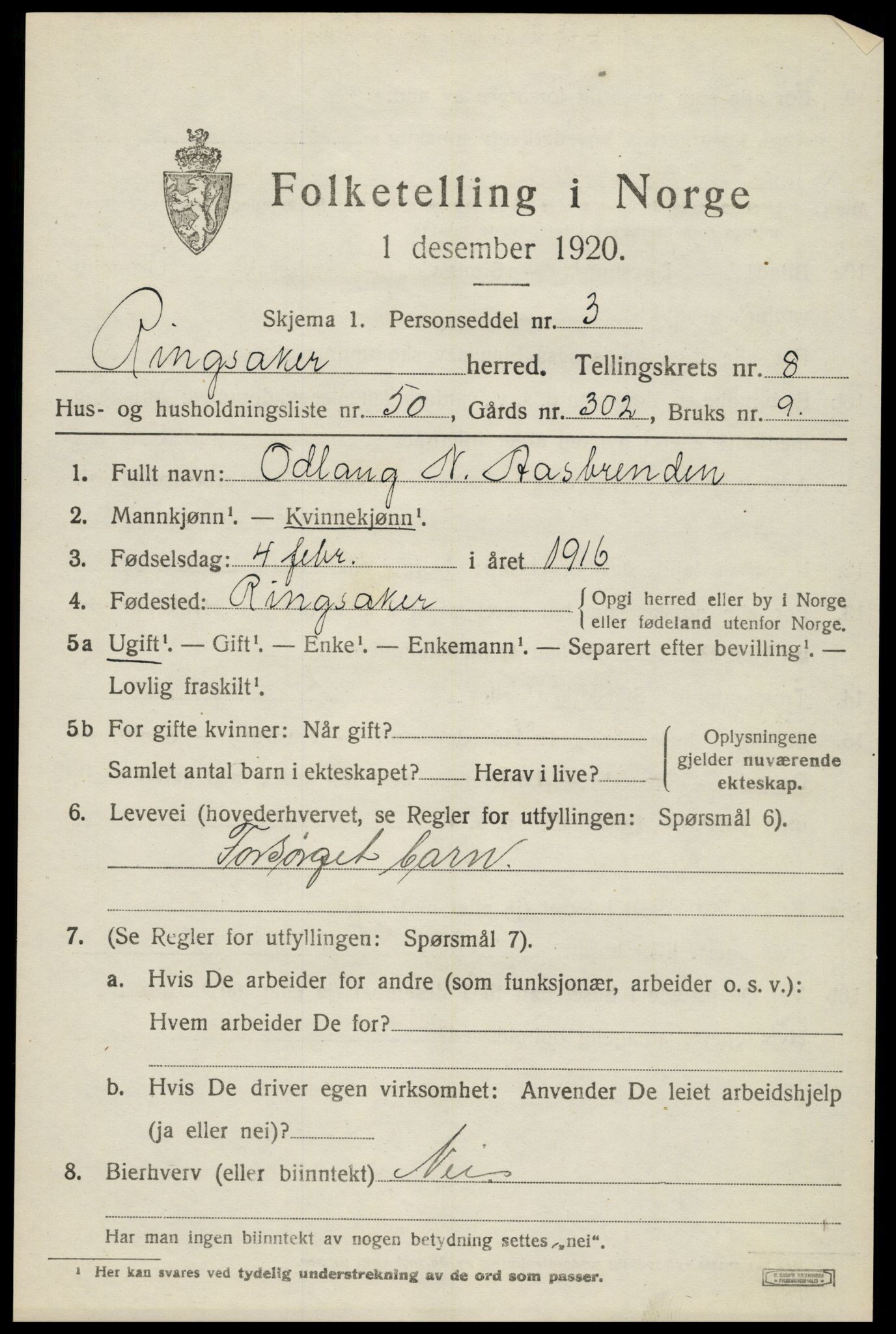 SAH, 1920 census for Ringsaker, 1920, p. 17502