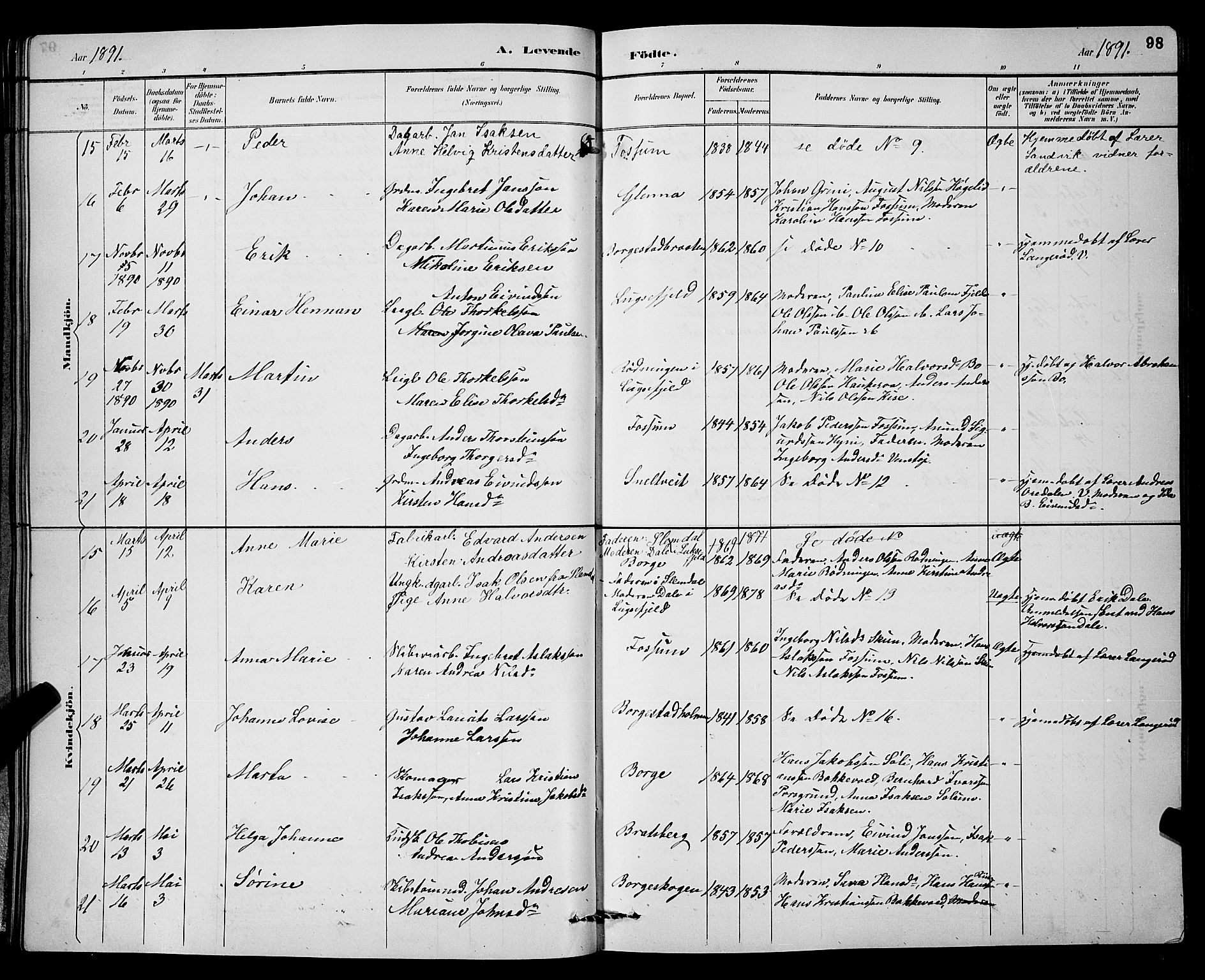 Gjerpen kirkebøker, AV/SAKO-A-265/G/Ga/L0002: Parish register (copy) no. I 2, 1883-1900, p. 98