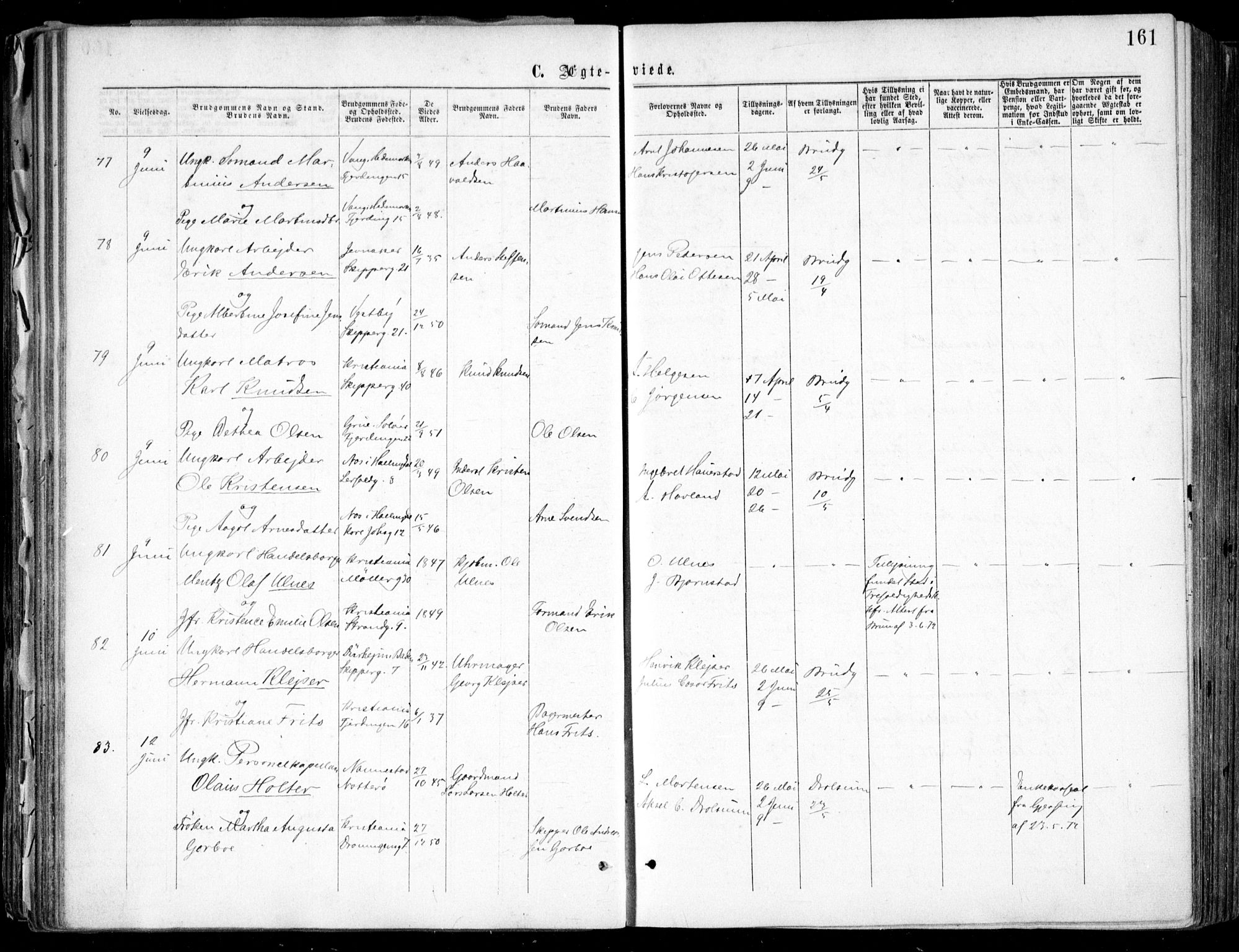 Oslo domkirke Kirkebøker, SAO/A-10752/F/Fa/L0021: Parish register (official) no. 21, 1865-1884, p. 161