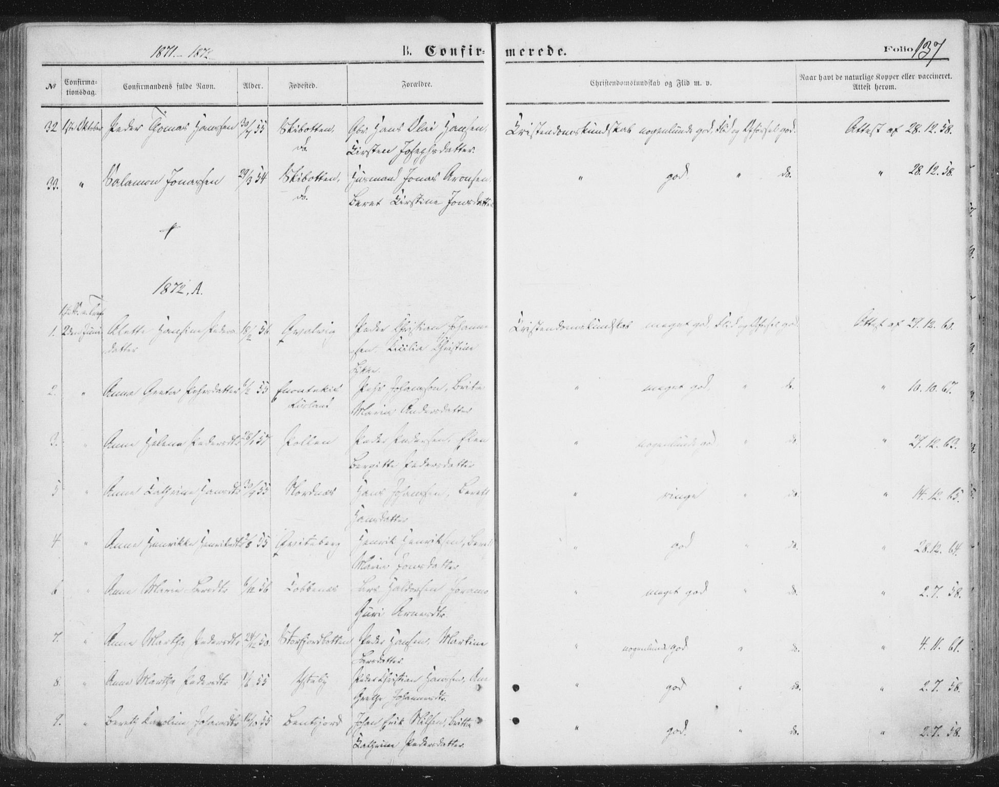 Lyngen sokneprestembete, AV/SATØ-S-1289/H/He/Hea/L0006kirke: Parish register (official) no. 6, 1870-1878, p. 137