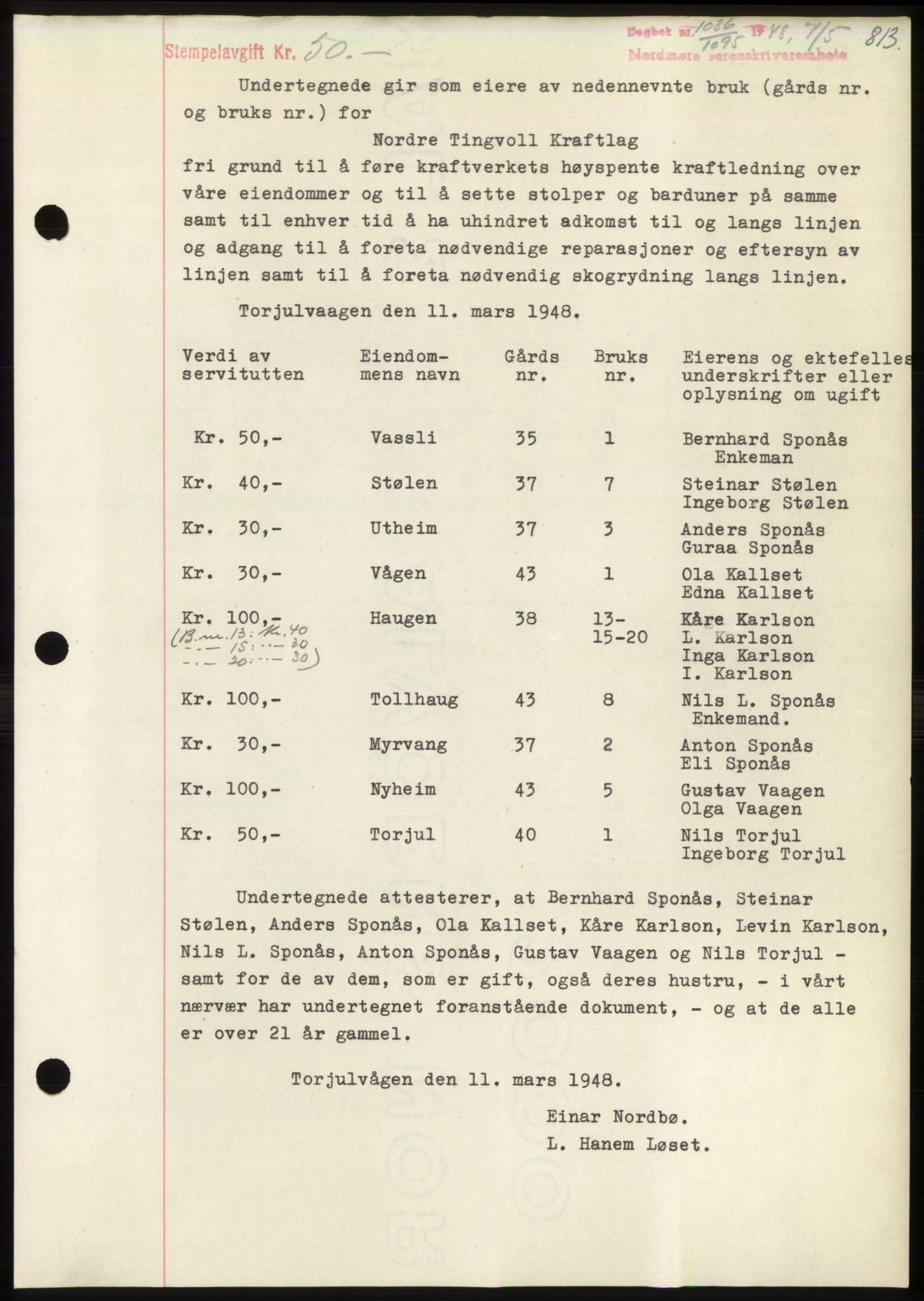 Nordmøre sorenskriveri, AV/SAT-A-4132/1/2/2Ca: Mortgage book no. B98, 1948-1948, Diary no: : 1086/1948