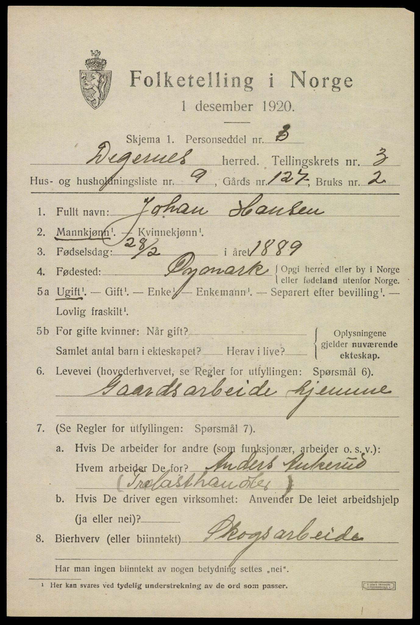 SAO, 1920 census for Degernes, 1920, p. 2180