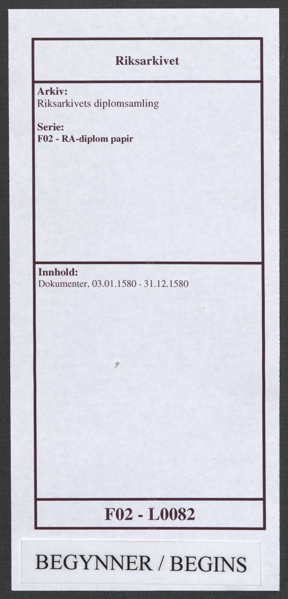 Riksarkivets diplomsamling, AV/RA-EA-5965/F02/L0082: Dokumenter, 1580, p. 1