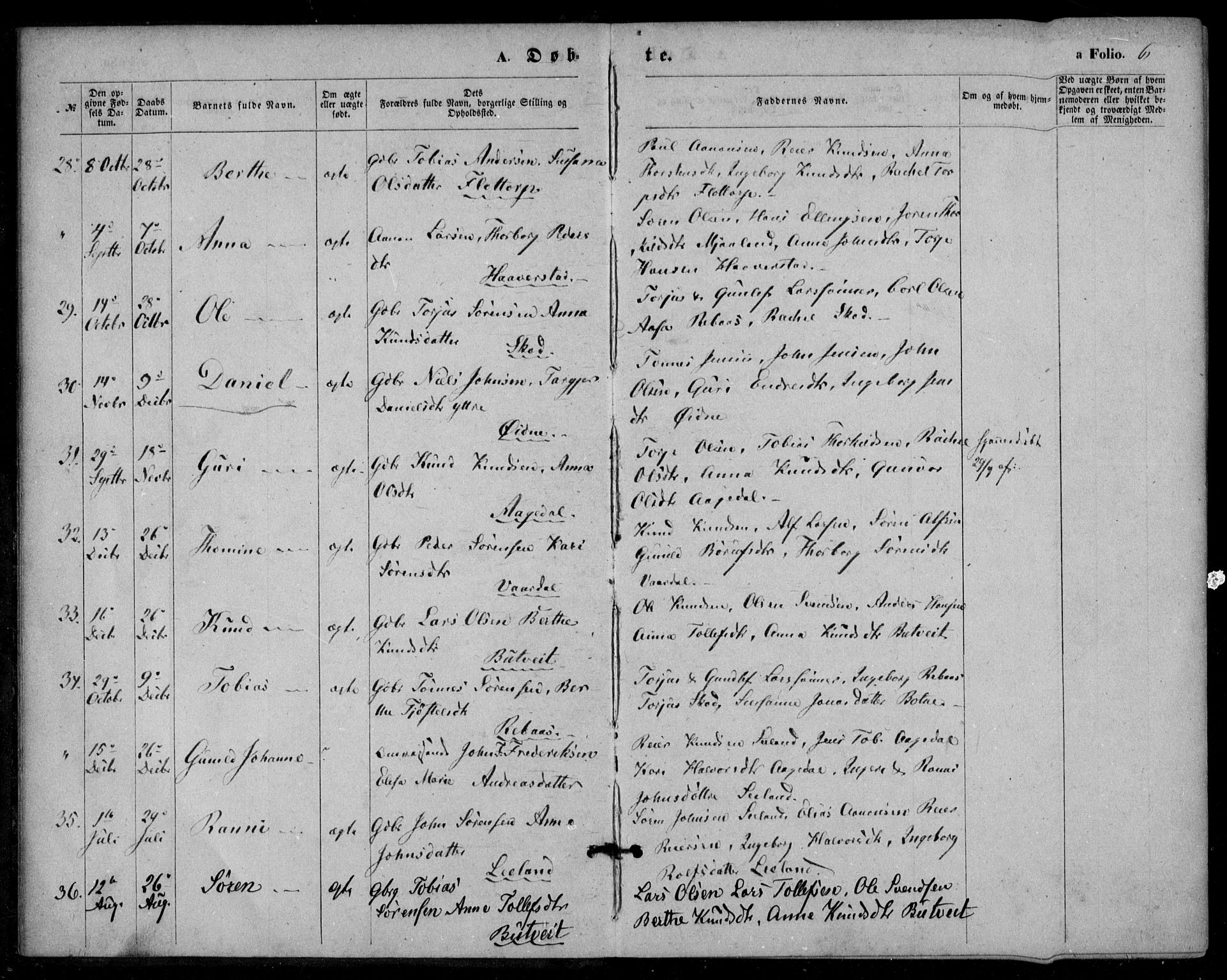 Bjelland sokneprestkontor, SAK/1111-0005/F/Fa/Fac/L0002: Parish register (official) no. A 2, 1866-1887, p. 6