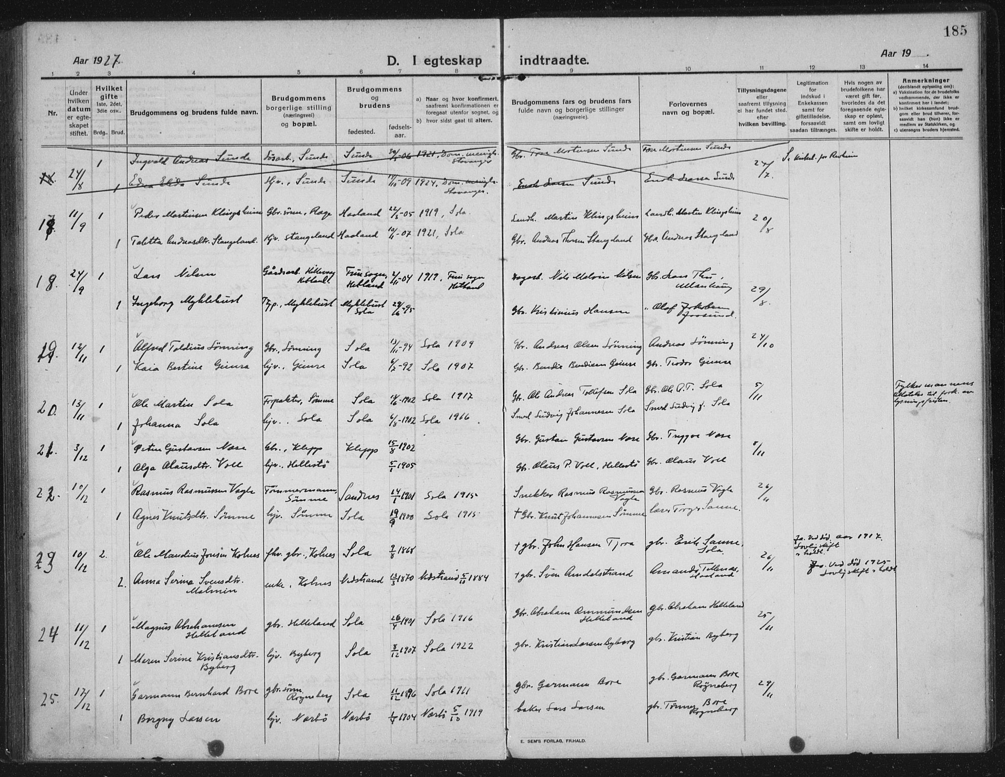 Håland sokneprestkontor, AV/SAST-A-101802/002/C/L0001: Parish register (official) no. A 14, 1913-1927, p. 185