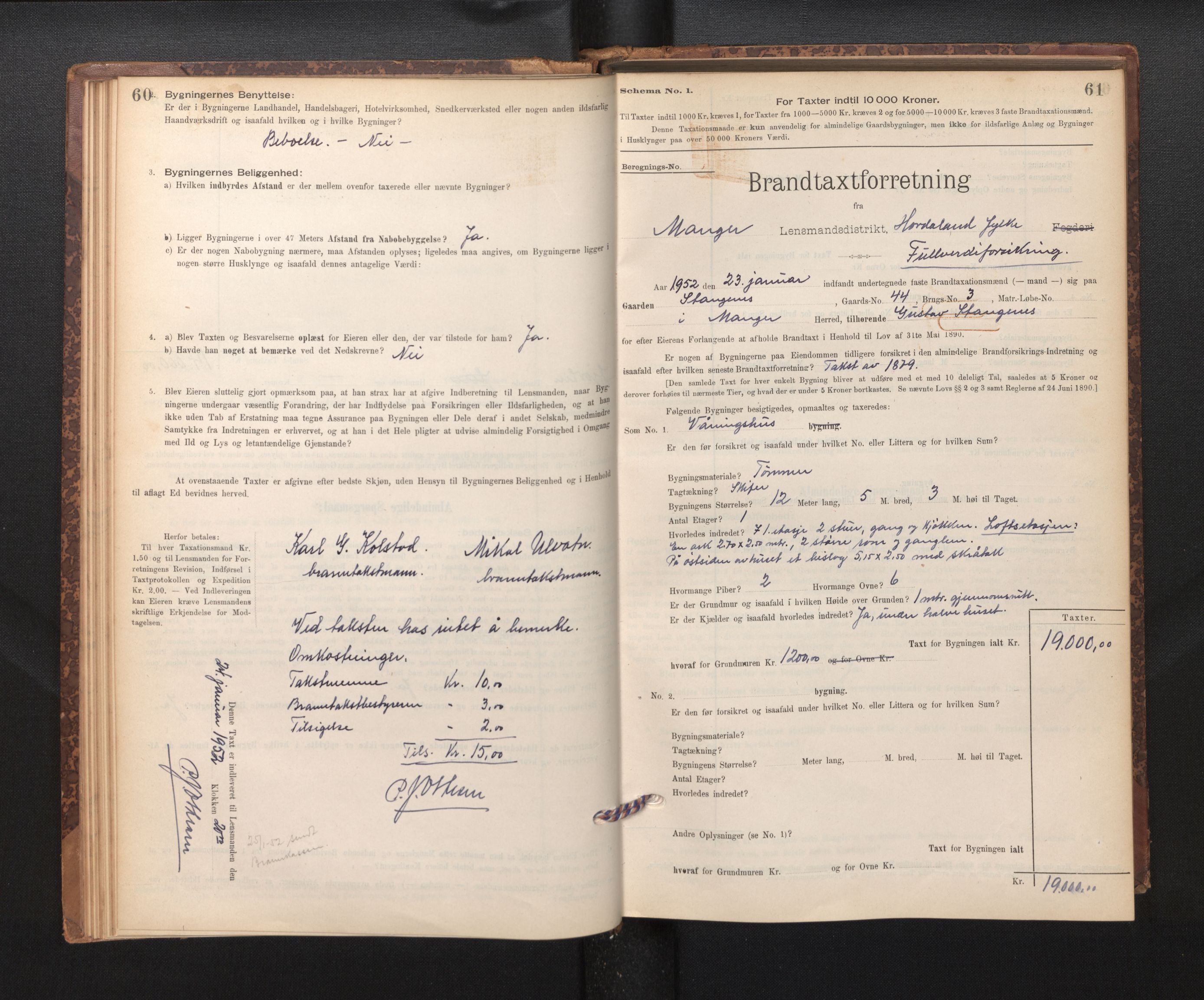 Lensmannen i Manger, SAB/A-33701/0012/L0004: Branntakstprotokoll, skjematakst, 1894-1952, p. 60-61