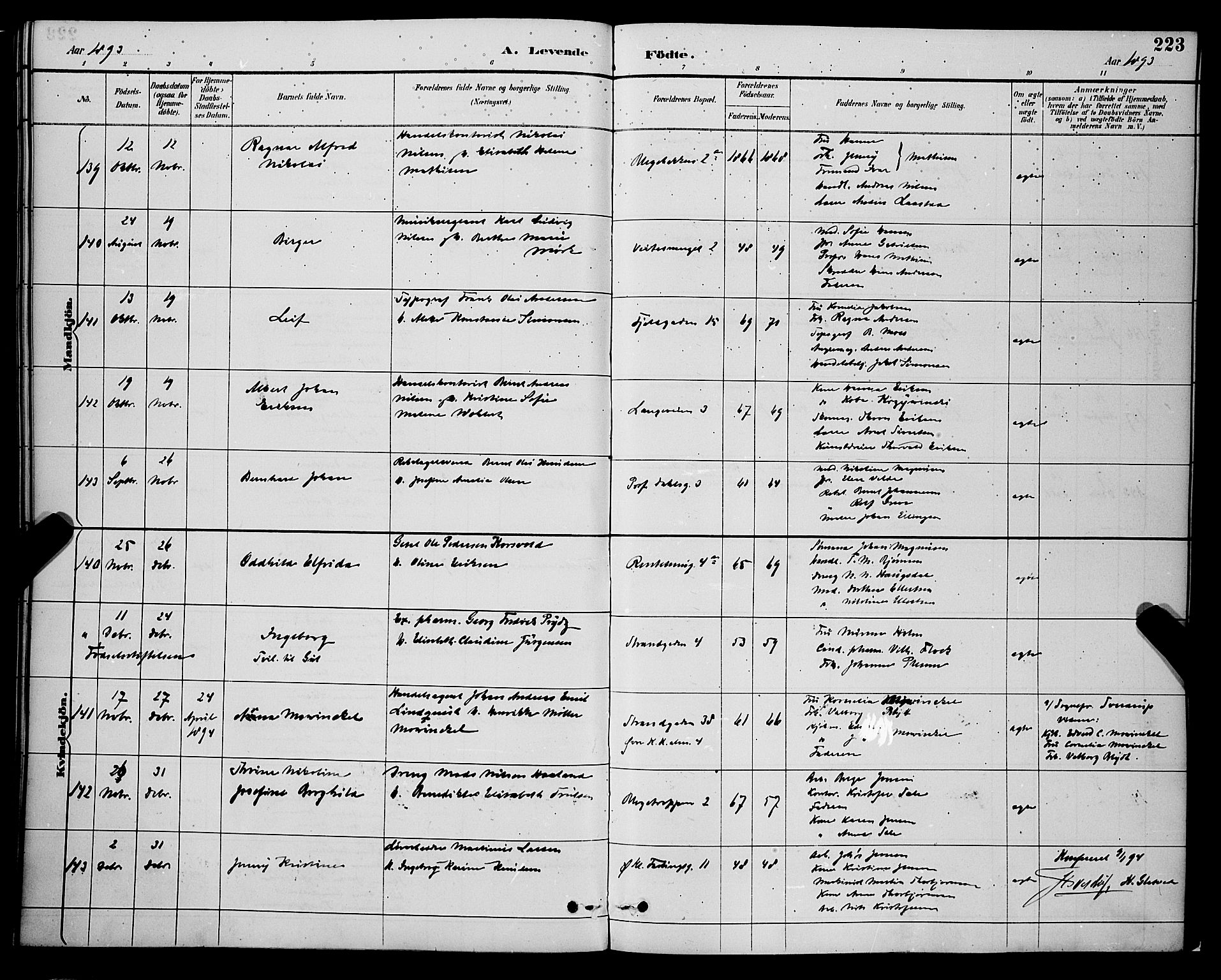 Korskirken sokneprestembete, SAB/A-76101/H/Hab: Parish register (copy) no. B 9, 1887-1896, p. 223