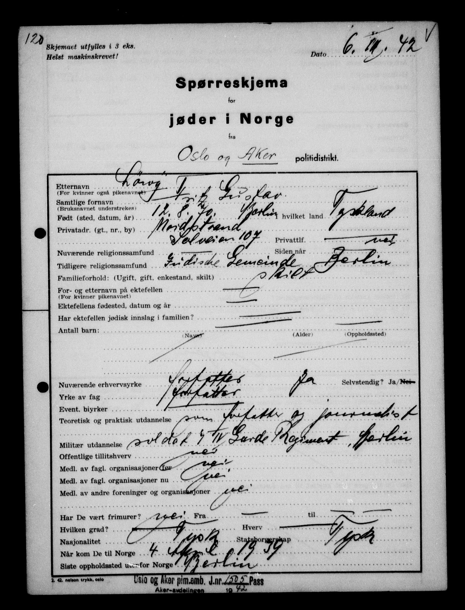 Statspolitiet - Hovedkontoret / Osloavdelingen, AV/RA-S-1329/G/Ga/L0012: Spørreskjema for jøder i Norge. 1: Aker 114- 207 (Levinson-Wozak) og 656 (Salomon). 2: Arendal-Hordaland. 3: Horten-Romerike.  , 1942, p. 21