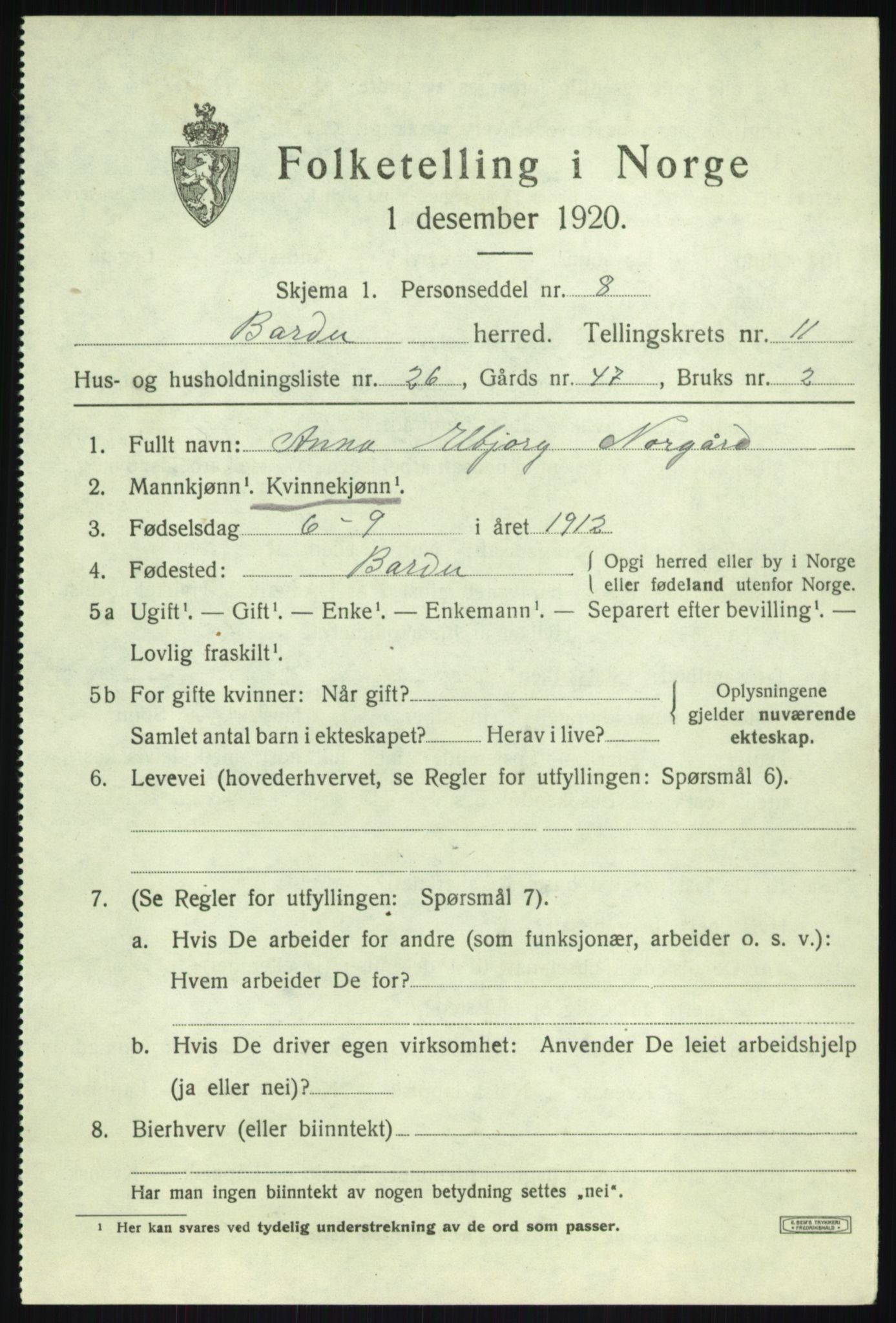 SATØ, 1920 census for Bardu, 1920, p. 3840