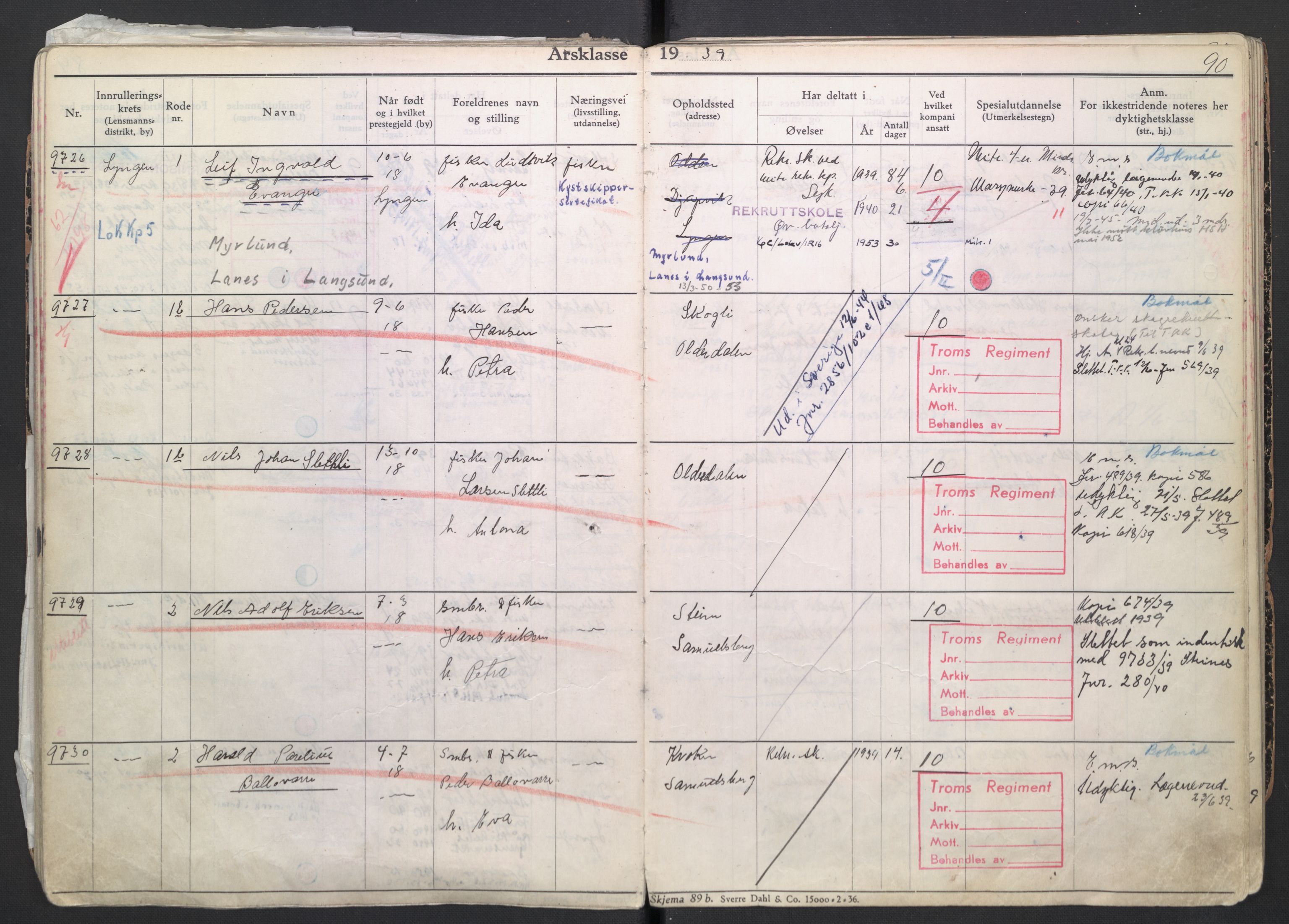 Forsvaret, Troms infanteriregiment nr. 16, AV/RA-RAFA-3146/P/Pa/L0007/0004: Ruller / Rulle for regimentets menige mannskaper, årsklasse 1939, 1939, p. 90