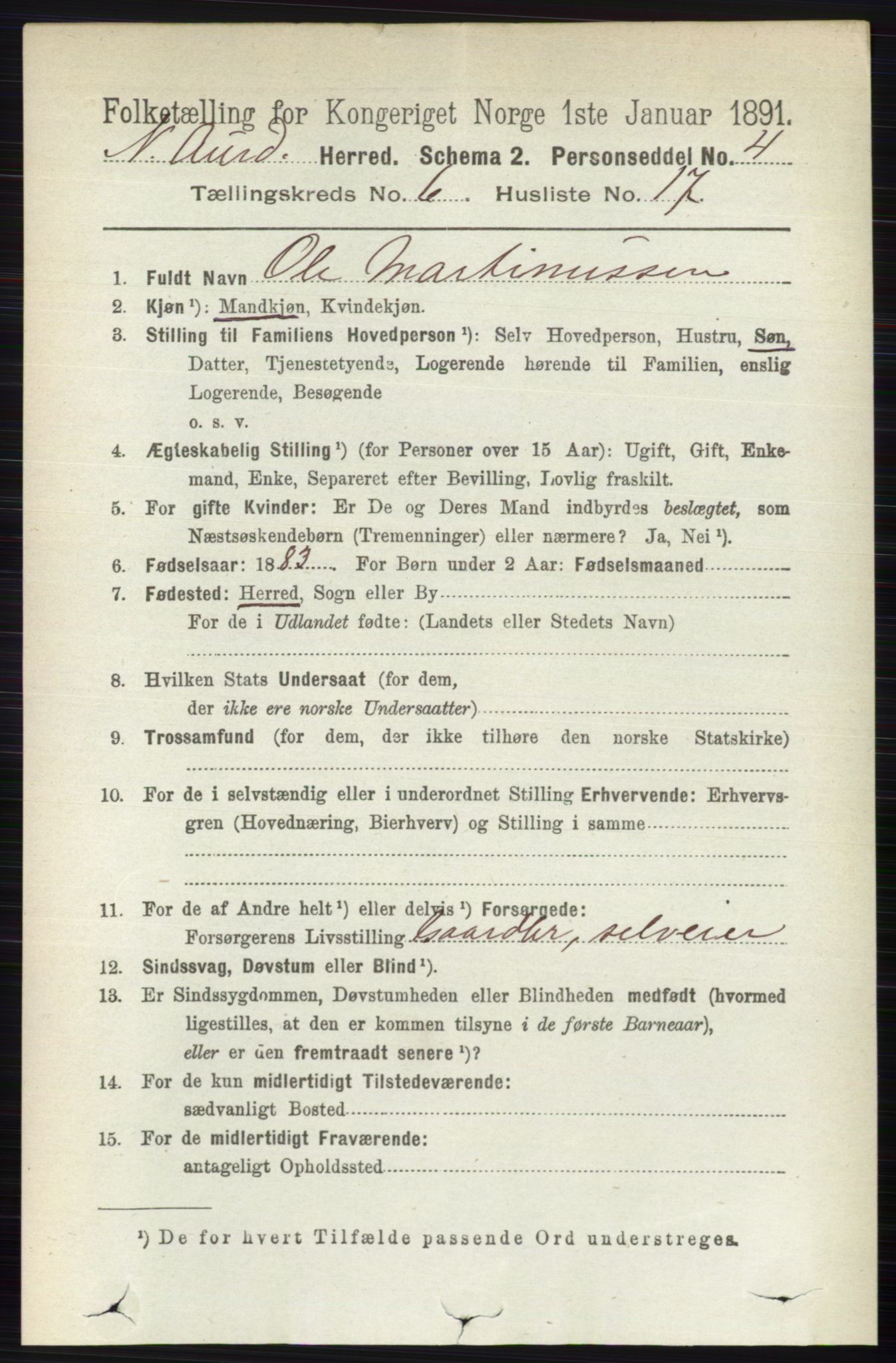 RA, 1891 census for 0542 Nord-Aurdal, 1891, p. 2184