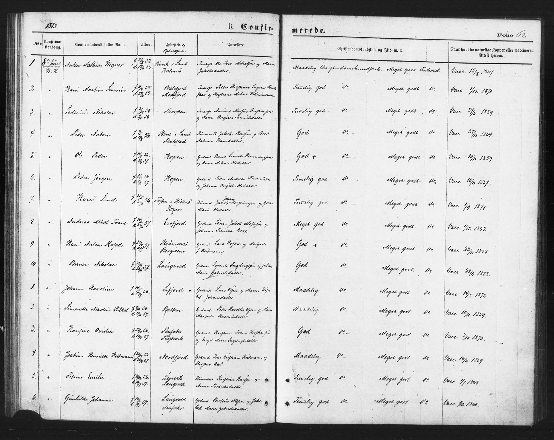 Berg sokneprestkontor, SATØ/S-1318/G/Ga/Gaa/L0003kirke: Parish register (official) no. 3, 1872-1879, p. 62