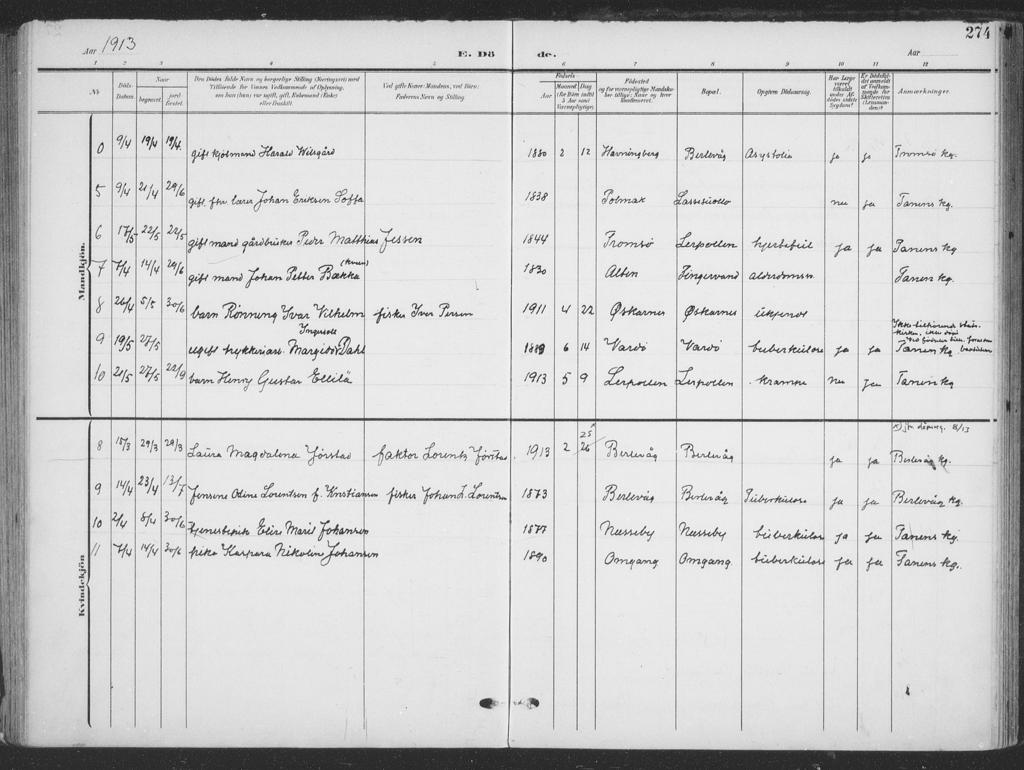 Tana sokneprestkontor, AV/SATØ-S-1334/H/Ha/L0007kirke: Parish register (official) no. 7, 1904-1918, p. 274