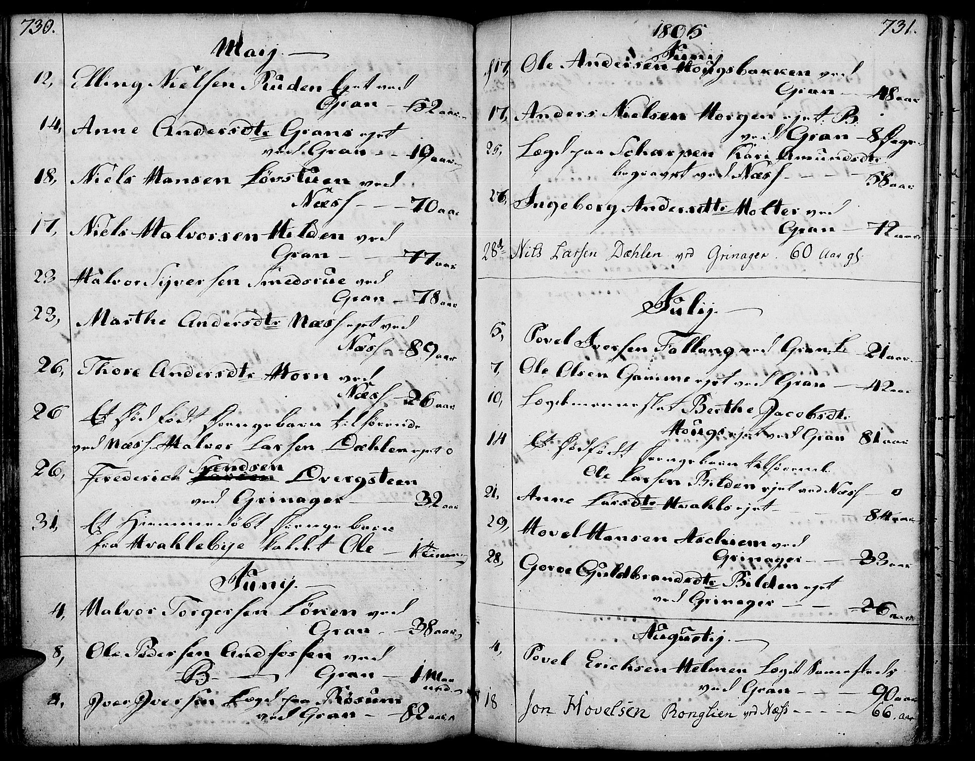 Gran prestekontor, AV/SAH-PREST-112/H/Ha/Haa/L0006: Parish register (official) no. 6, 1787-1824, p. 730-731