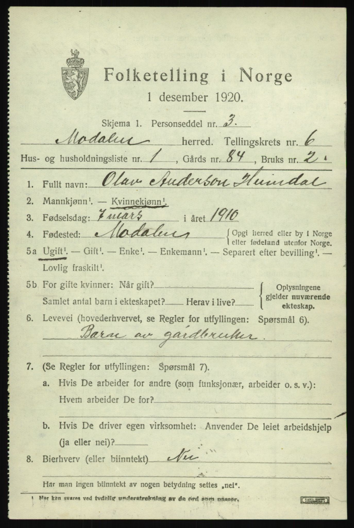 SAB, 1920 census for Modalen, 1920, p. 1128