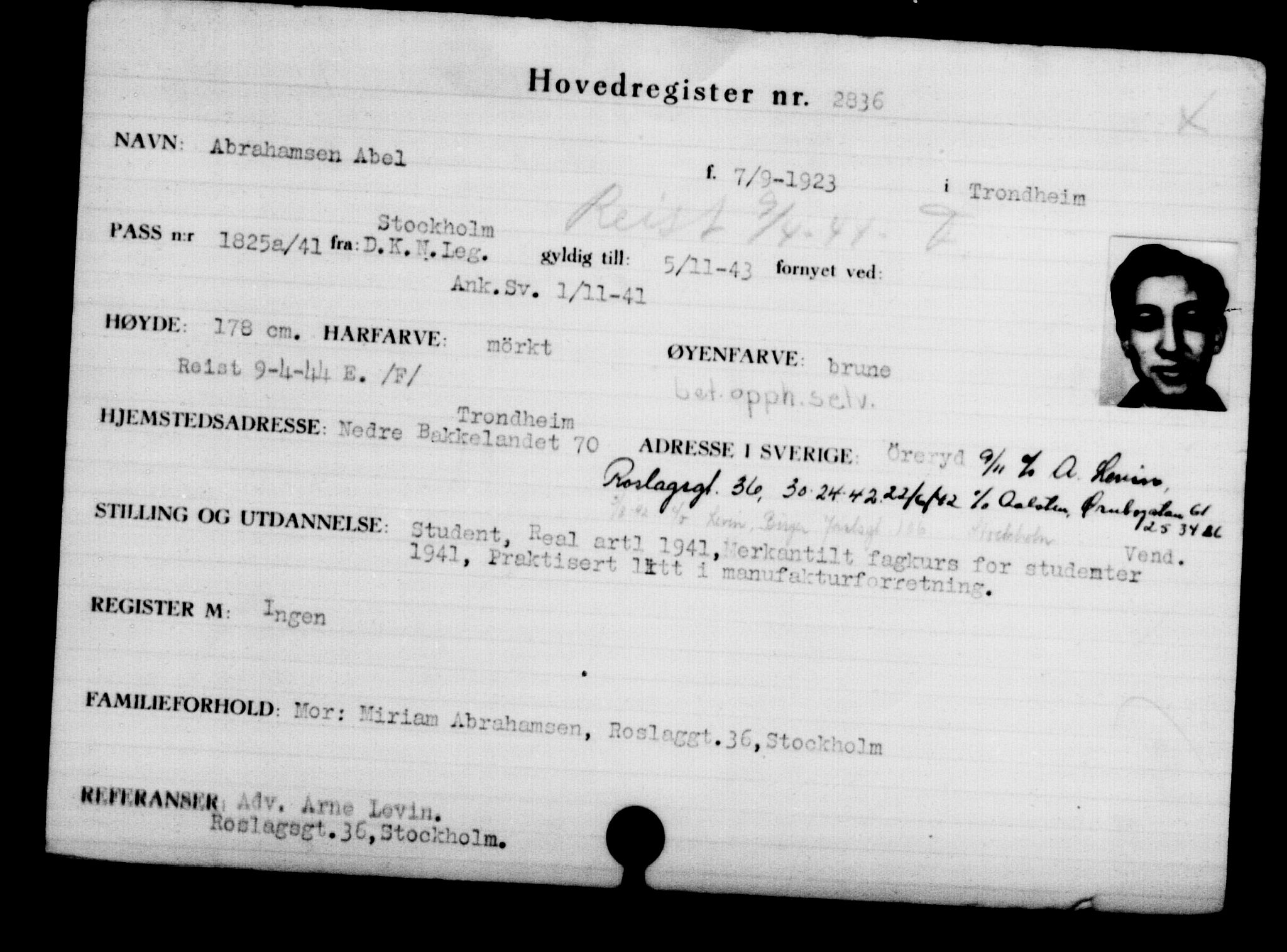 Utenriksstasjonene, Legasjonen i Stockholm, Flyktningkontoret, AV/RA-S-6753/V/Va/L0003: Kjesäterkartoteket, flyktninger med registreringsnr. 2001-3495, 1940-1945, p. 1233