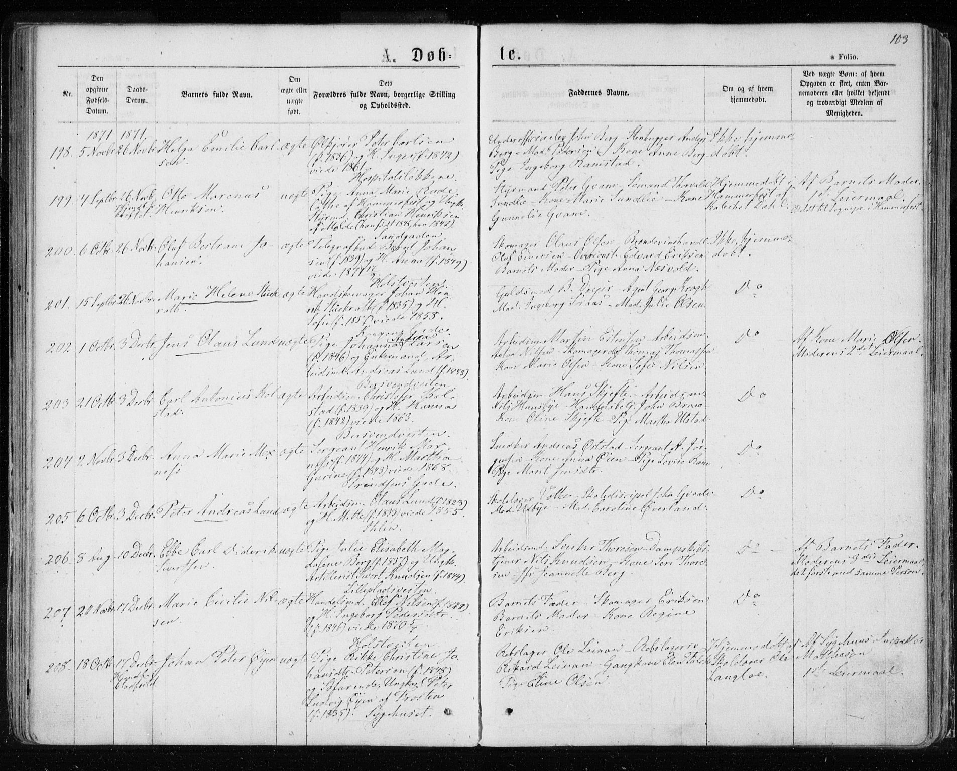 Ministerialprotokoller, klokkerbøker og fødselsregistre - Sør-Trøndelag, SAT/A-1456/601/L0054: Parish register (official) no. 601A22, 1866-1877, p. 103