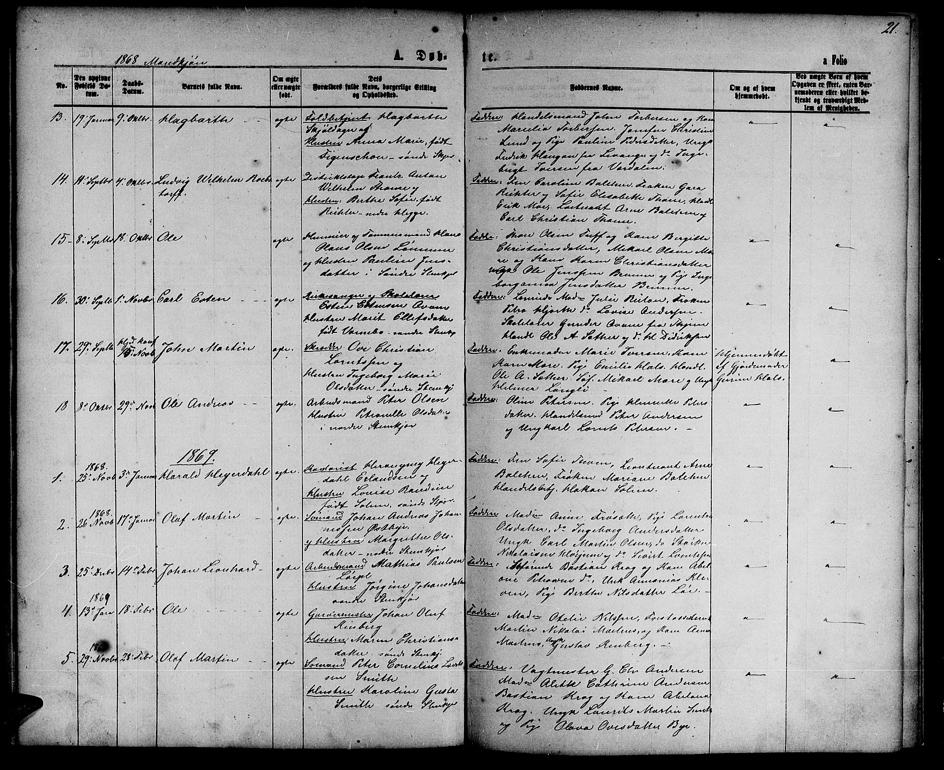 Ministerialprotokoller, klokkerbøker og fødselsregistre - Nord-Trøndelag, AV/SAT-A-1458/739/L0373: Parish register (copy) no. 739C01, 1865-1882, p. 21