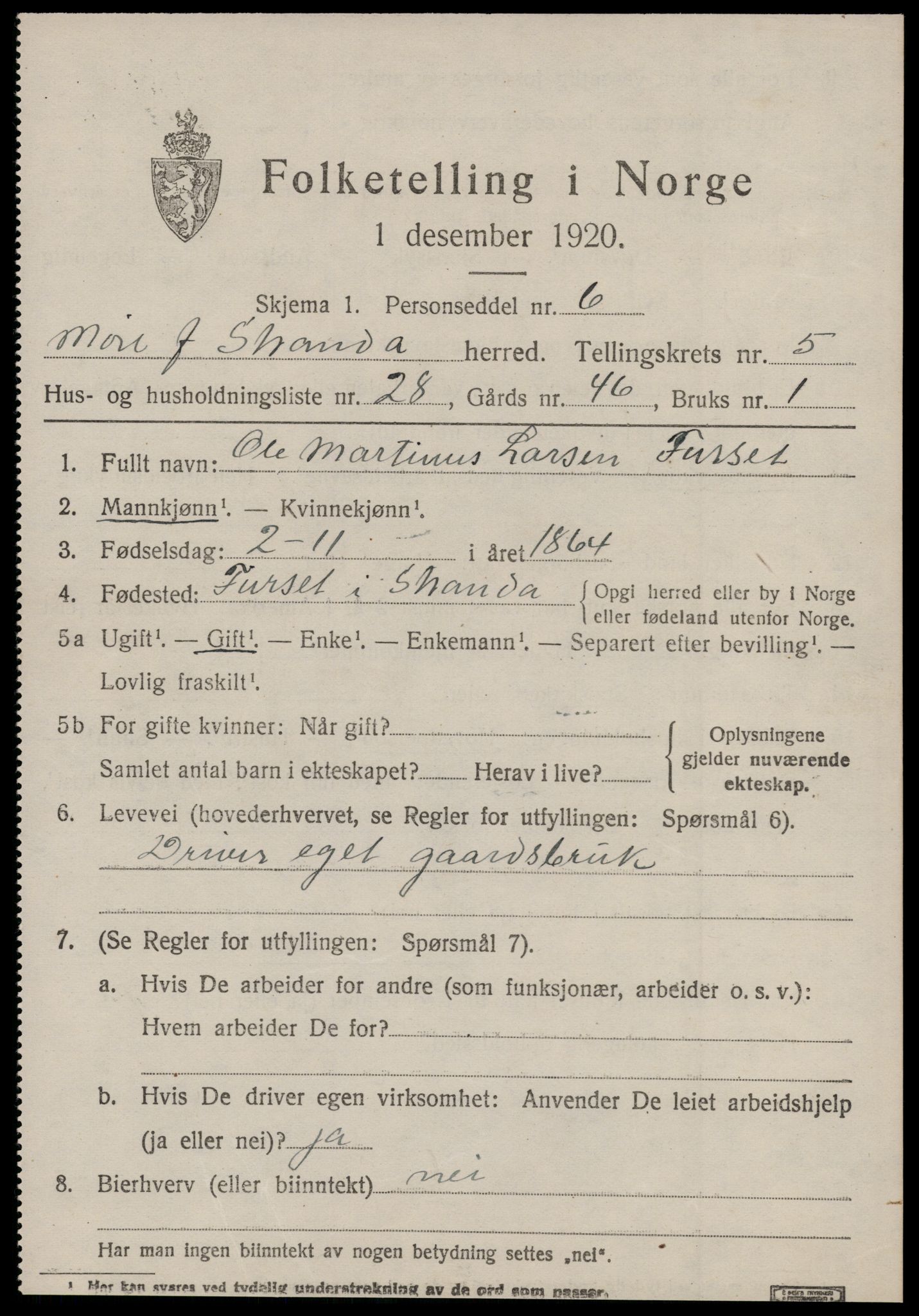 SAT, 1920 census for Stranda, 1920, p. 3567