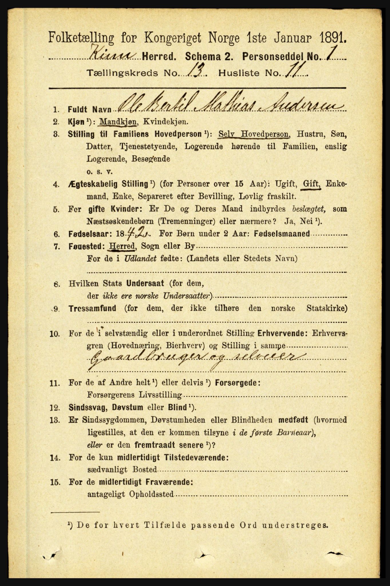 RA, 1891 census for 1437 Kinn, 1891, p. 5126