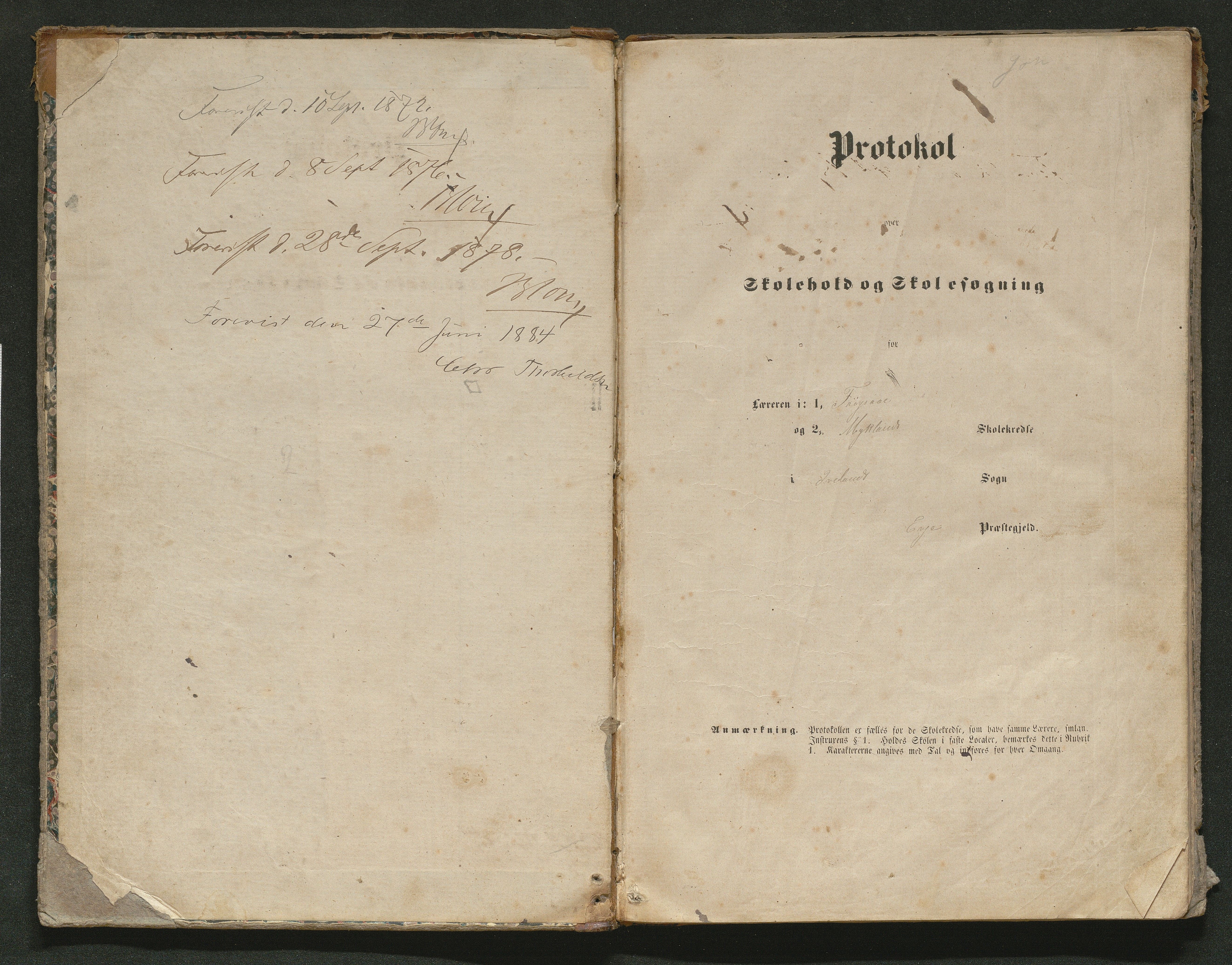 Iveland kommune, De enkelte kretsene/Skolene, AAKS/KA0935-550/A_10/L0005: Skoleprotokoll for Frøyså og Mykland krets, 1864-1881, p. 1