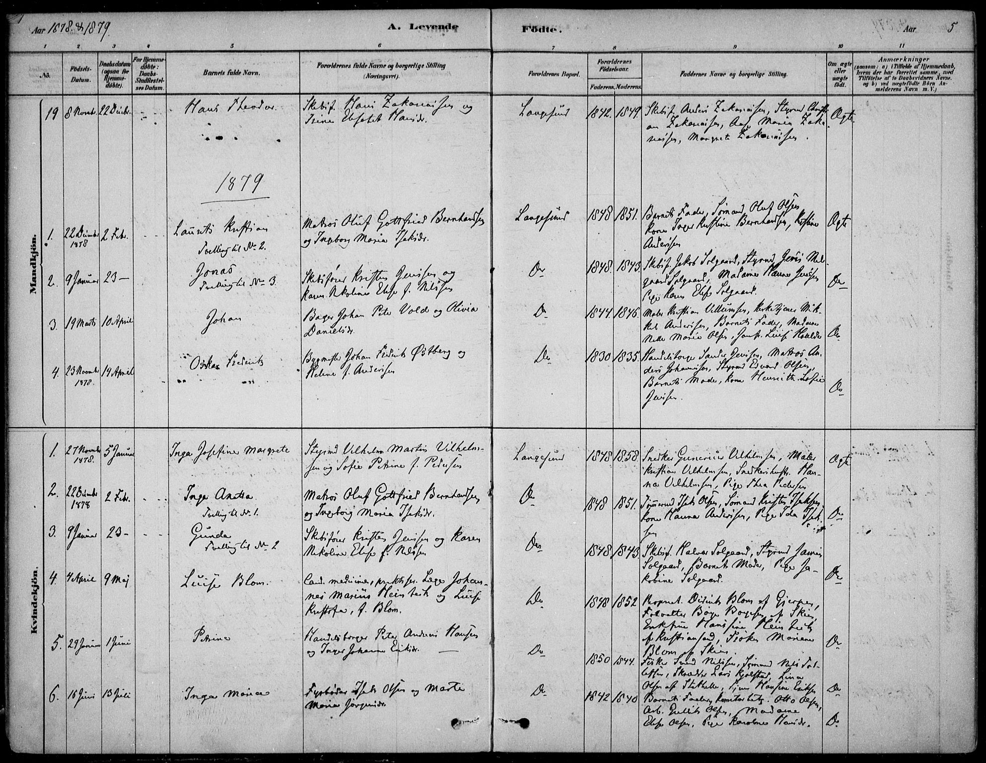 Langesund kirkebøker, SAKO/A-280/F/Fa/L0002: Parish register (official) no. 2, 1878-1892, p. 5