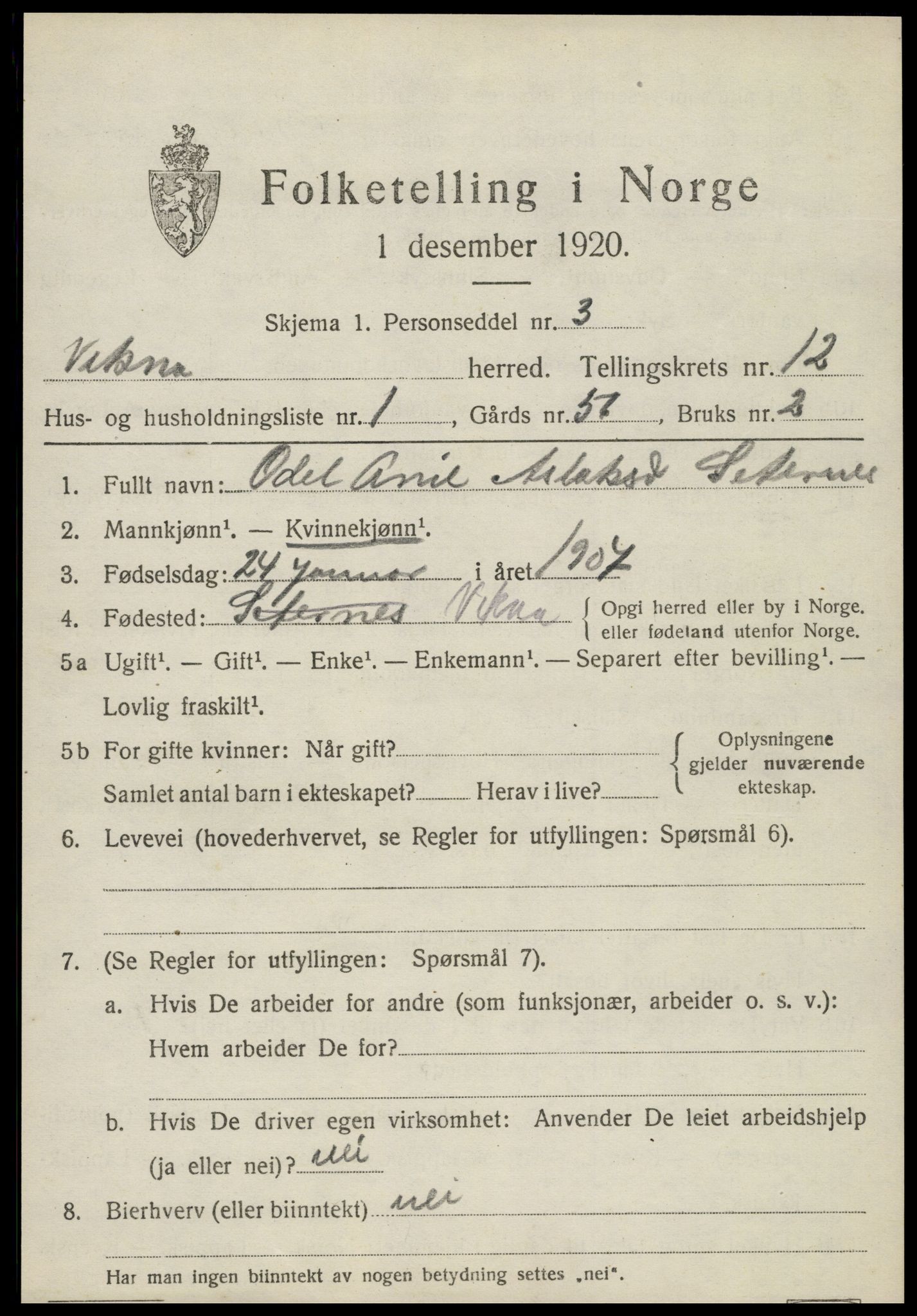 SAT, 1920 census for Vikna, 1920, p. 7719