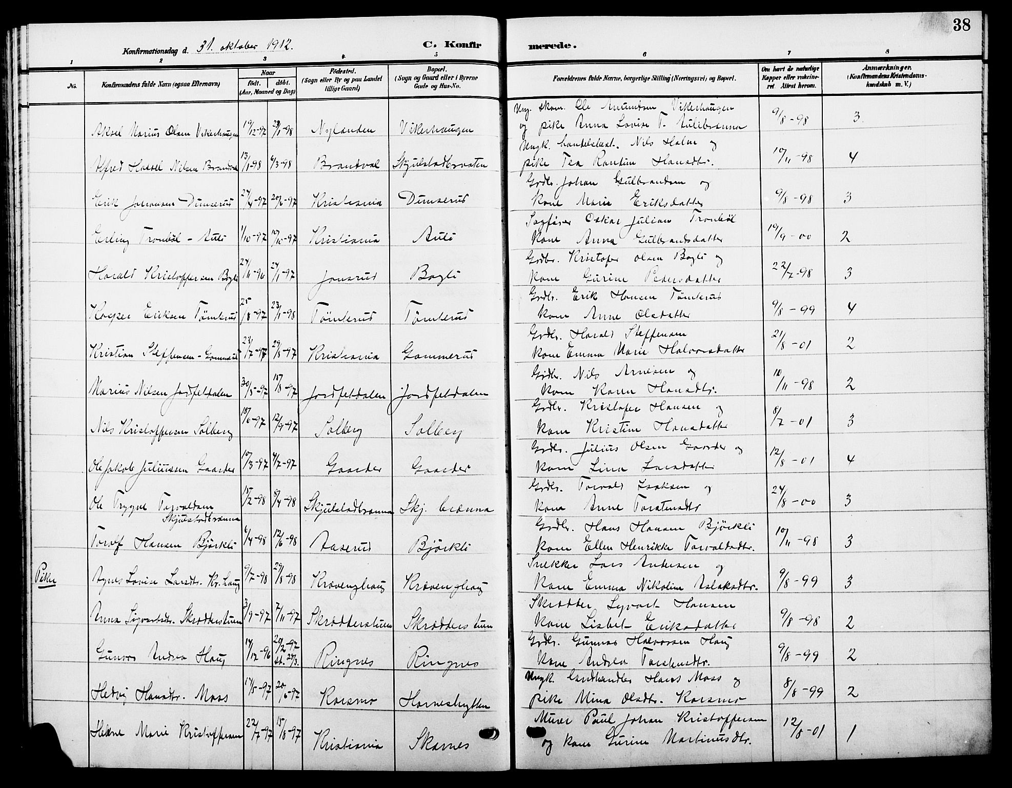 Sør-Odal prestekontor, AV/SAH-PREST-030/H/Ha/Hab/L0006: Parish register (copy) no. 6, 1906-1919, p. 38