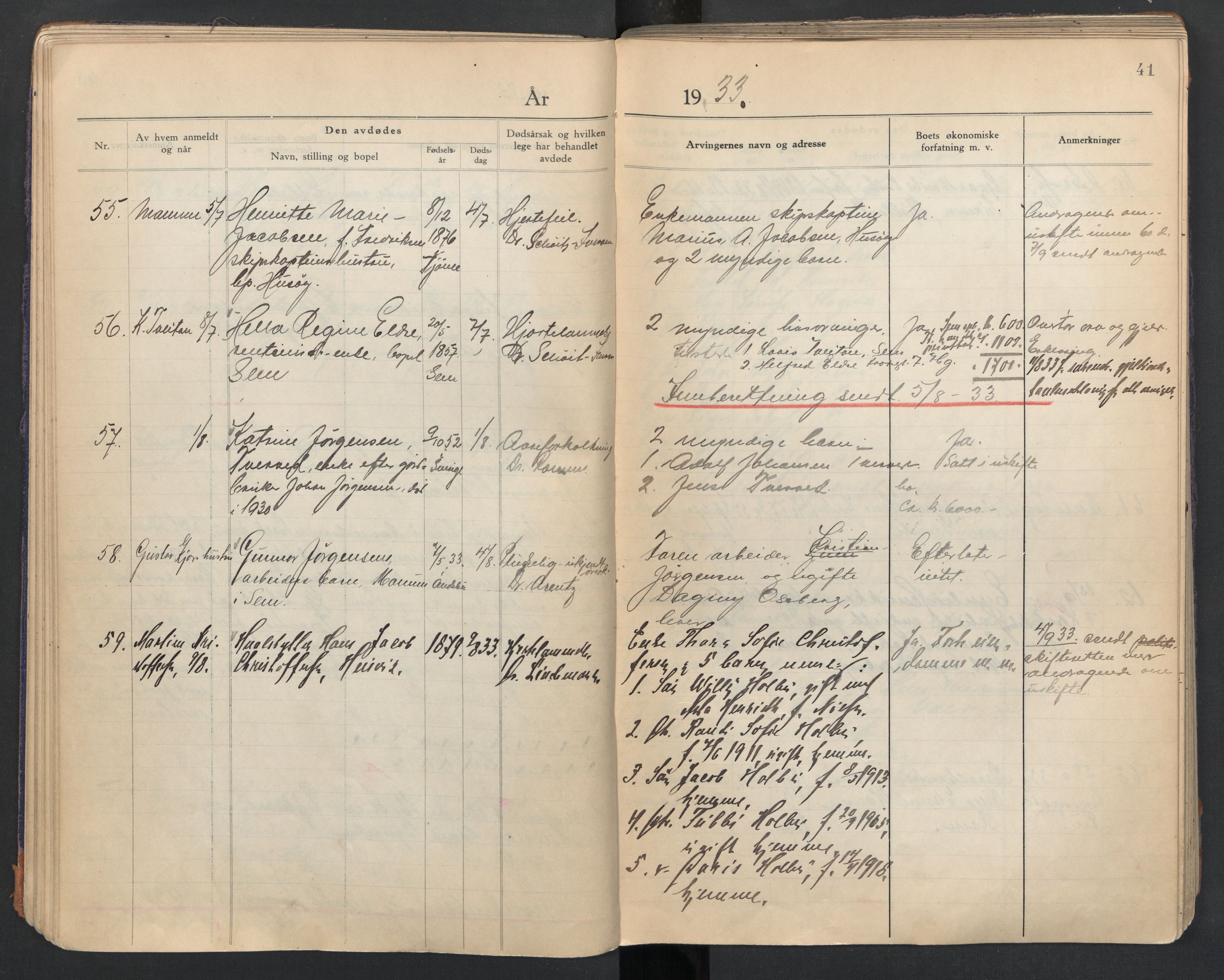 Sem lensmannskontor, AV/SAKO-A-547/H/Ha/L0007: Dødsfallsprotokoll, 1931-1939, p. 41