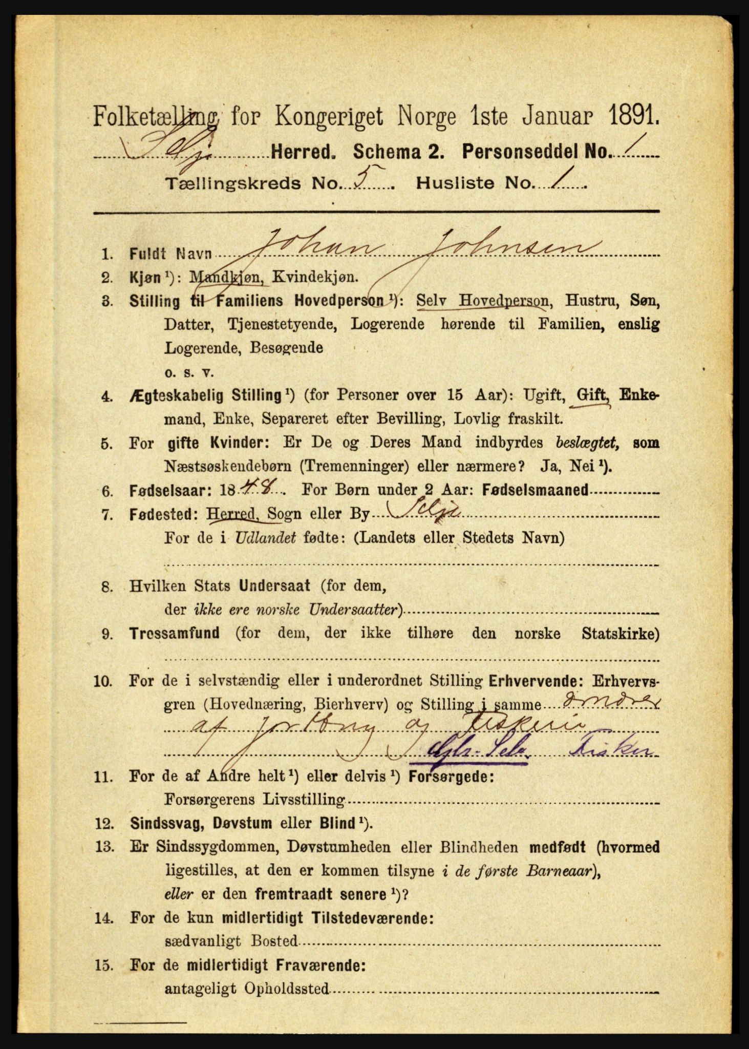 RA, 1891 census for 1441 Selje, 1891, p. 1398