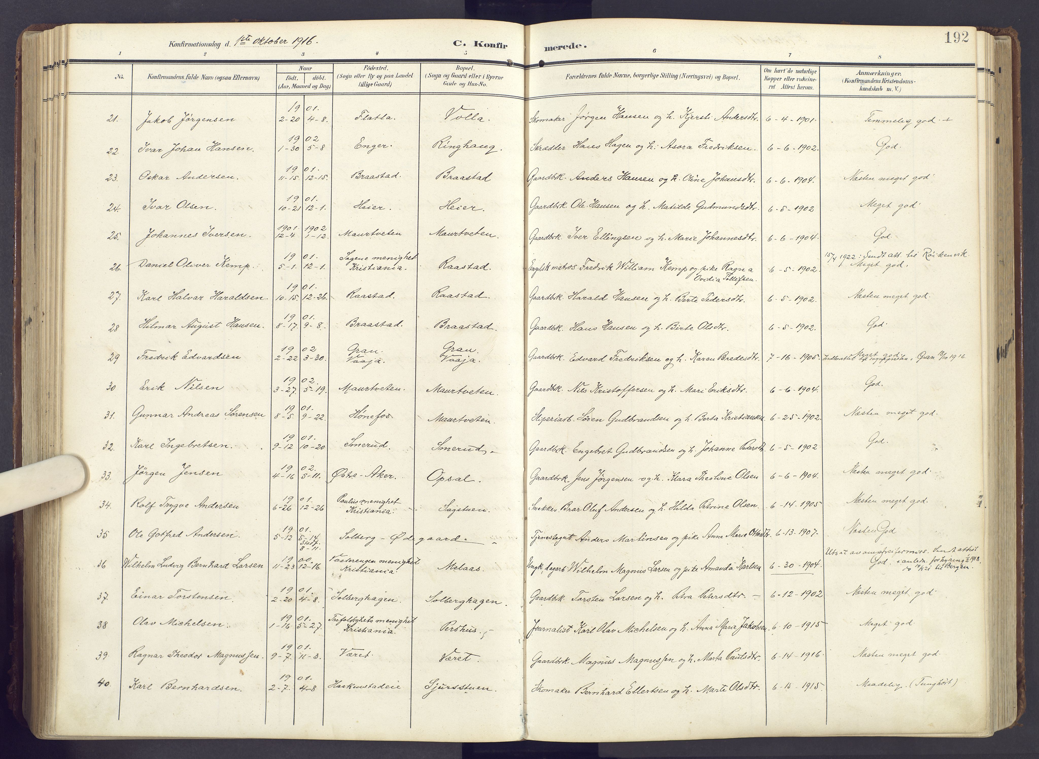 Lunner prestekontor, SAH/PREST-118/H/Ha/Haa/L0001: Parish register (official) no. 1, 1907-1922, p. 192