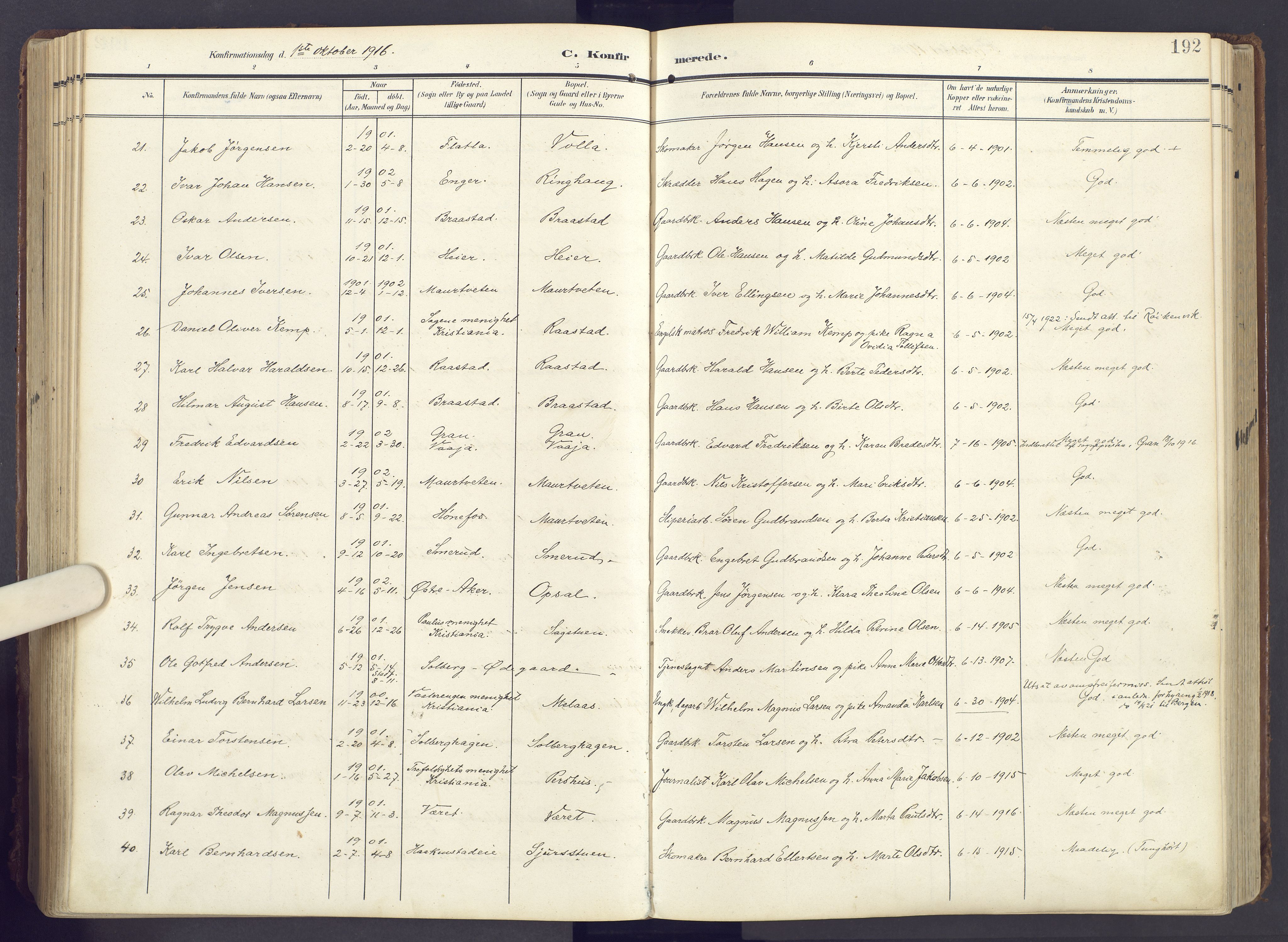 Lunner prestekontor, AV/SAH-PREST-118/H/Ha/Haa/L0001: Parish register (official) no. 1, 1907-1922, p. 192