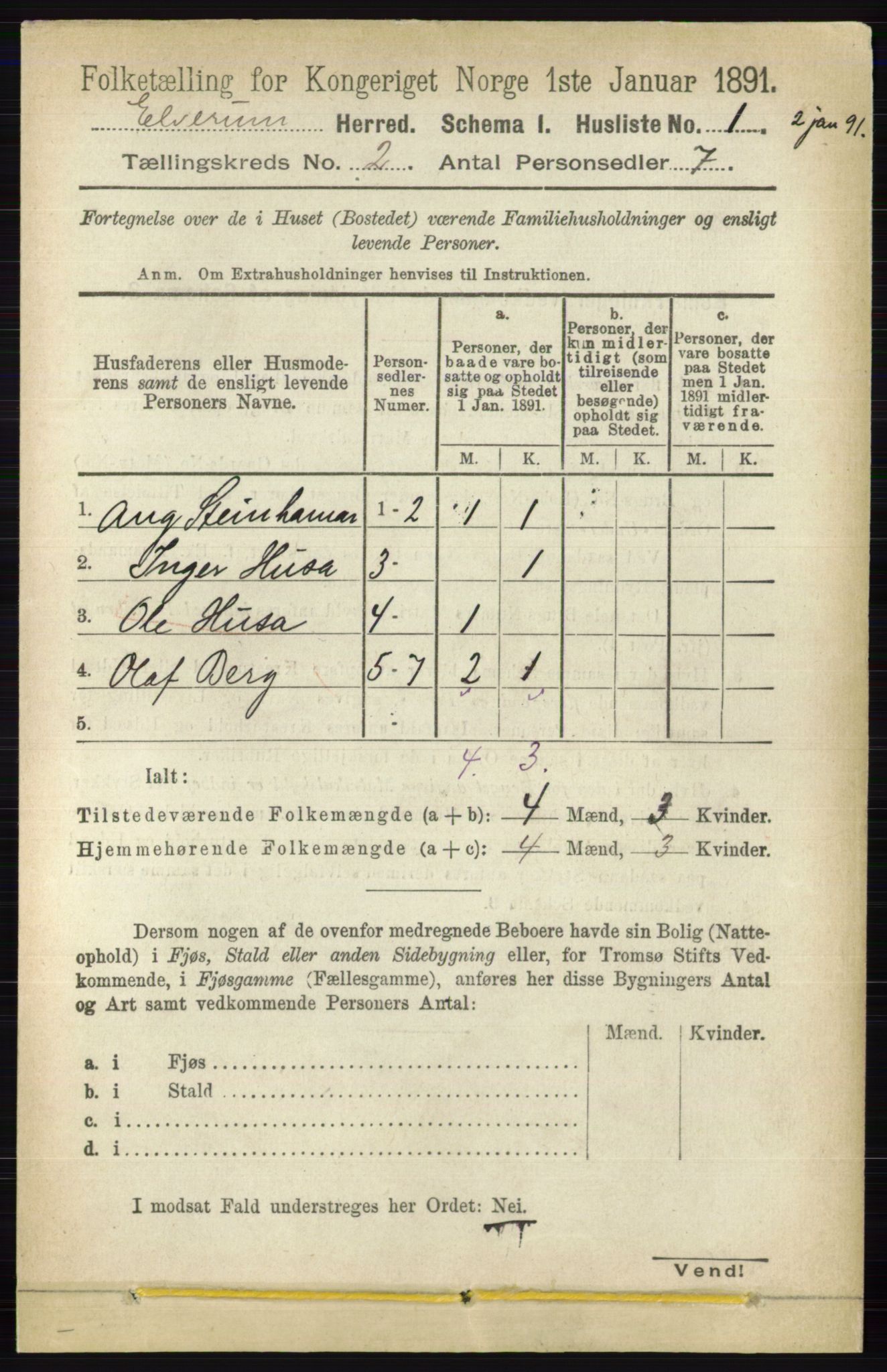 RA, 1891 census for 0427 Elverum, 1891, p. 1122
