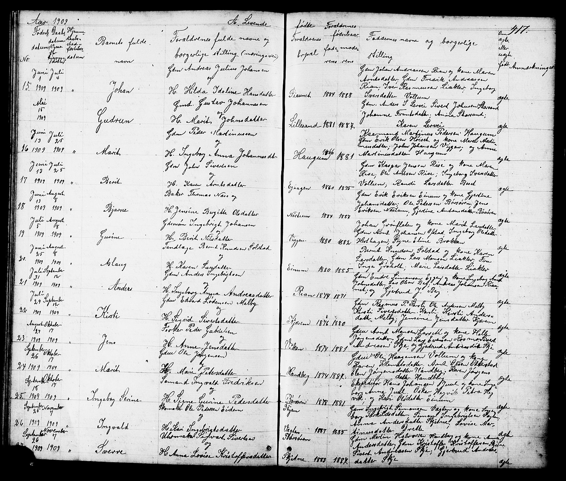 Ministerialprotokoller, klokkerbøker og fødselsregistre - Sør-Trøndelag, SAT/A-1456/665/L0777: Parish register (copy) no. 665C02, 1867-1915, p. 417