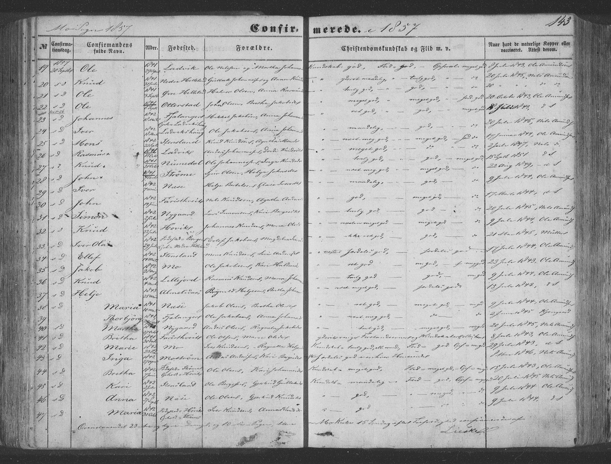 Hosanger sokneprestembete, AV/SAB-A-75801/H/Haa: Parish register (official) no. A 8, 1849-1863, p. 143