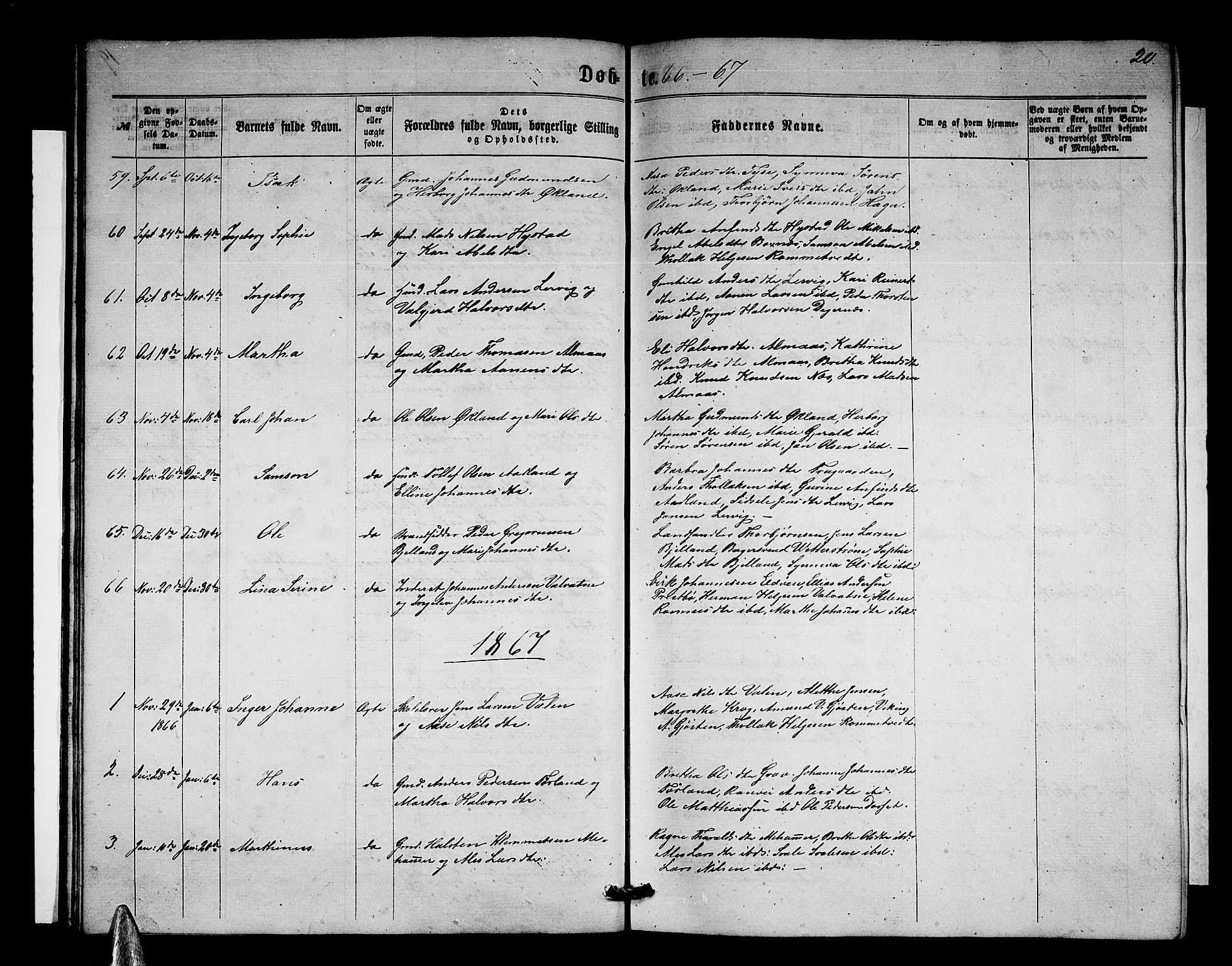 Stord sokneprestembete, SAB/A-78201/H/Hab: Parish register (copy) no. A 1, 1864-1878, p. 20