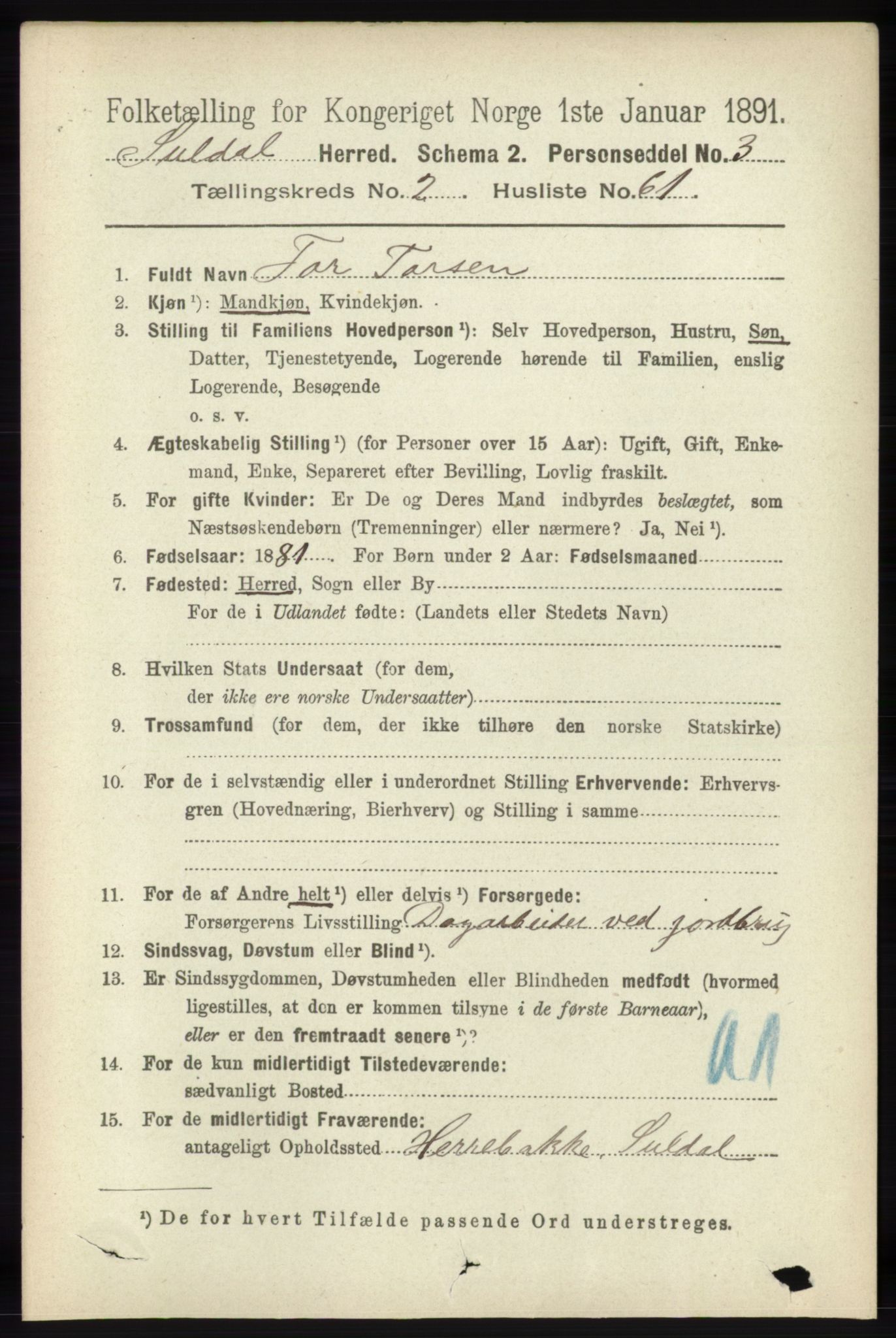 RA, 1891 census for 1134 Suldal, 1891, p. 577