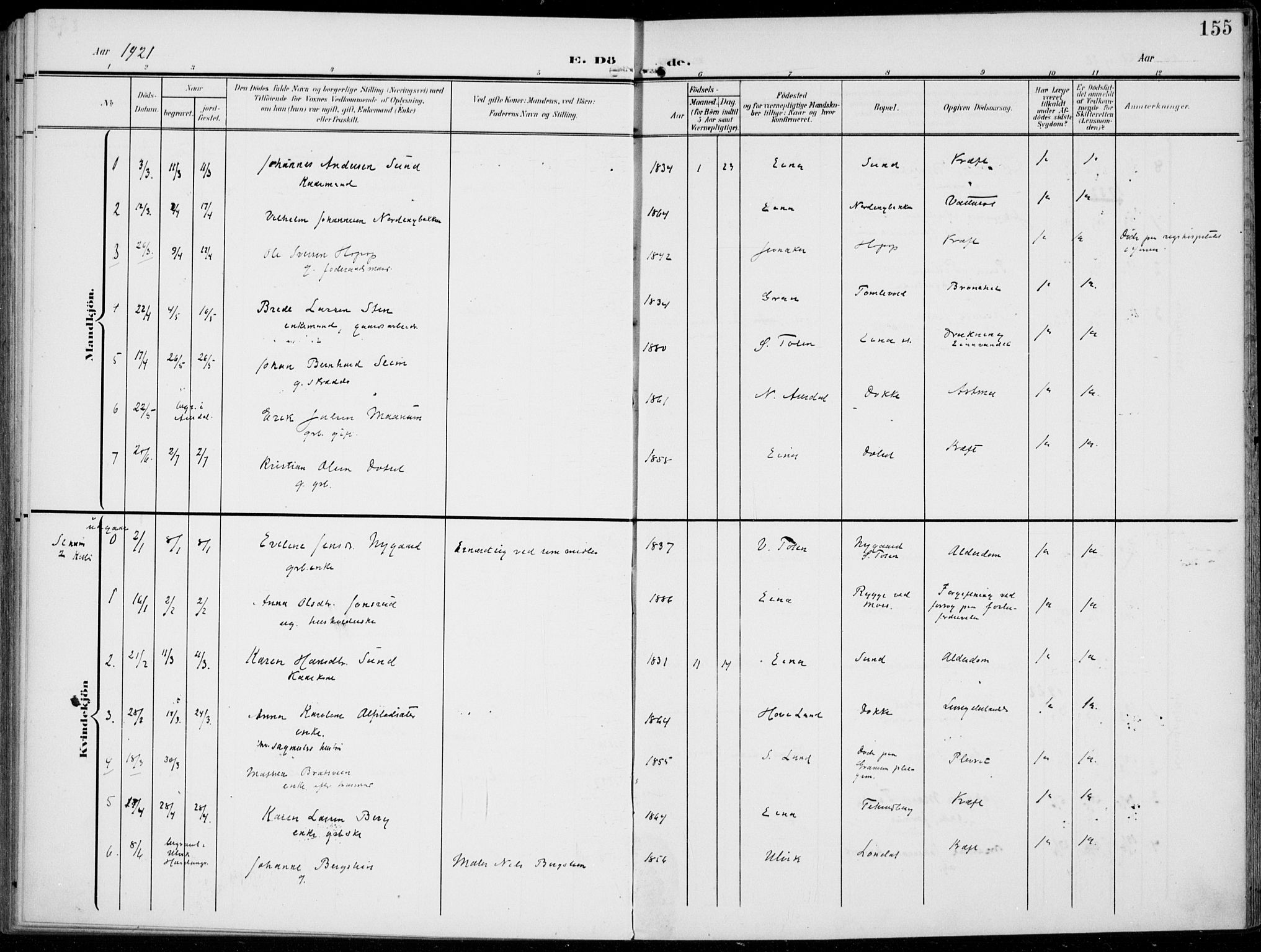 Kolbu prestekontor, SAH/PREST-110/H/Ha/Haa/L0001: Parish register (official) no. 1, 1907-1923, p. 155