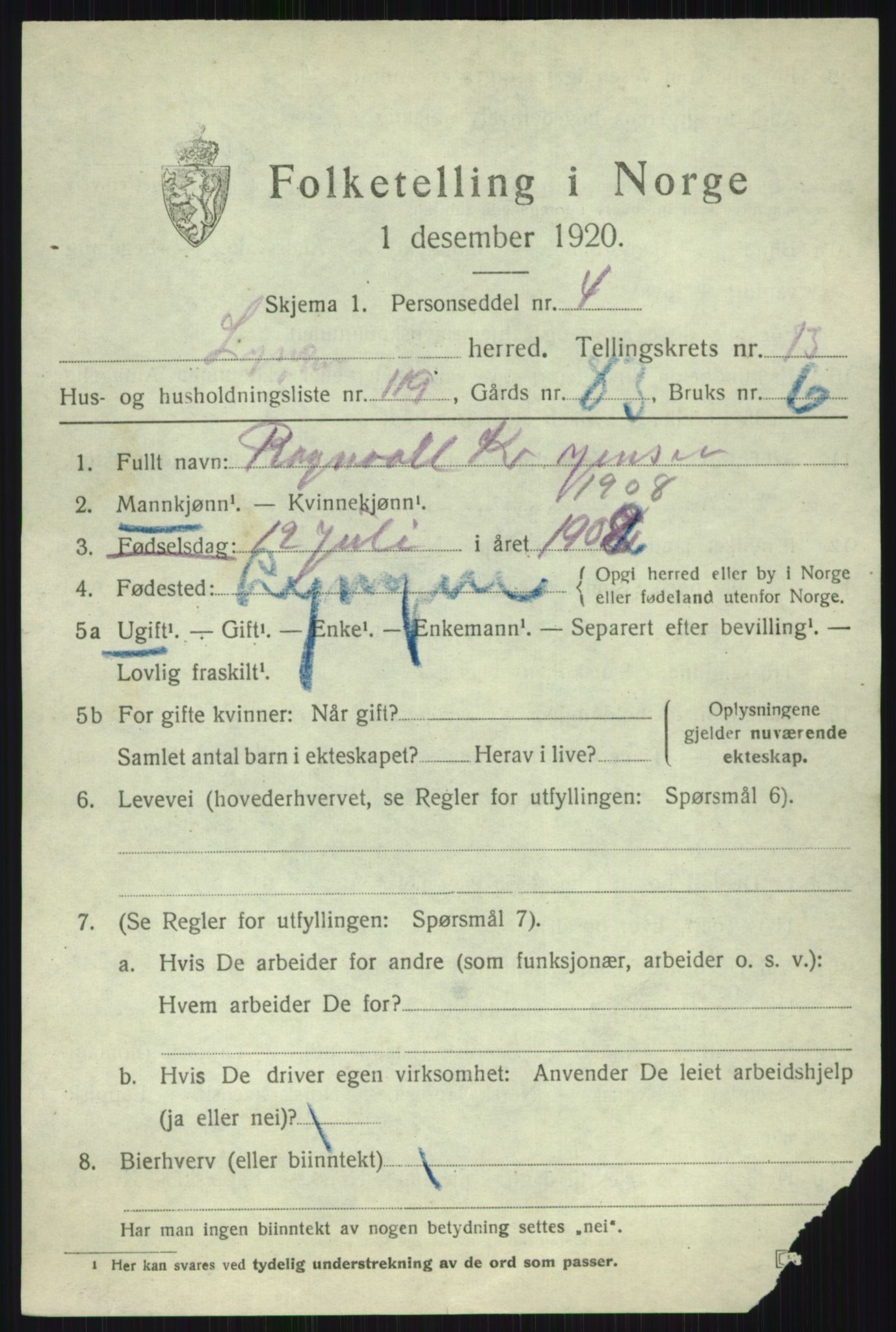 SATØ, 1920 census for Lyngen, 1920, p. 11479