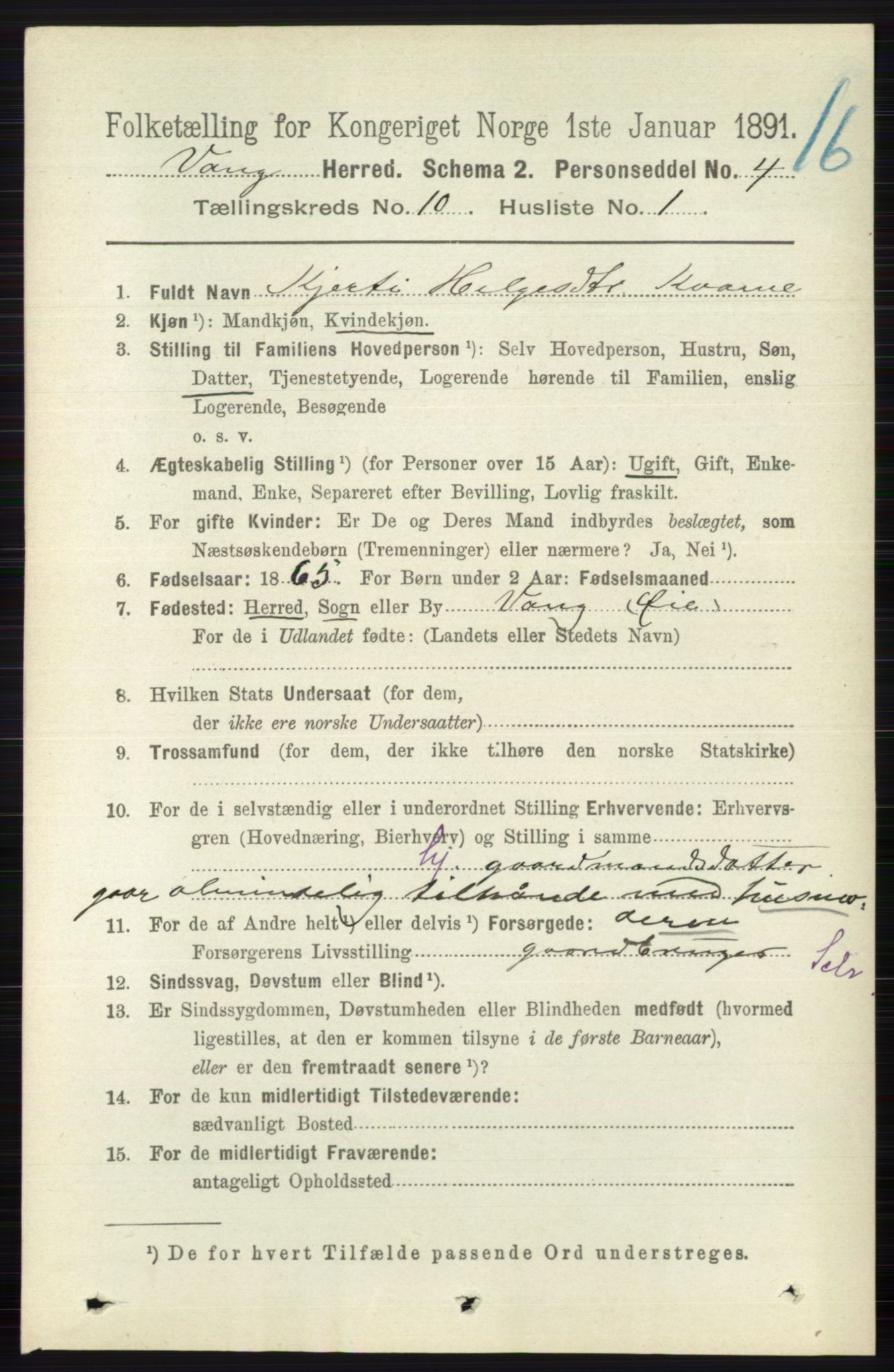 RA, 1891 census for 0545 Vang, 1891, p. 2180