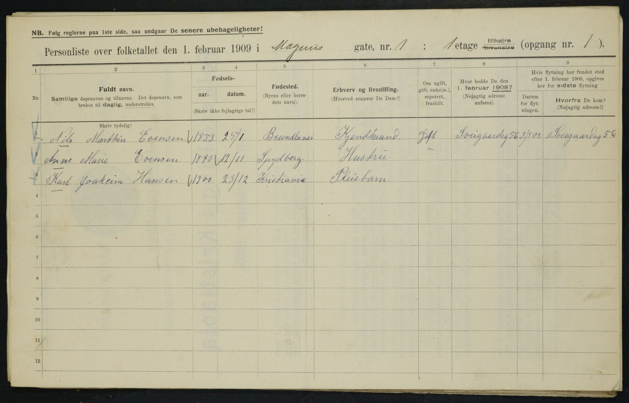 OBA, Municipal Census 1909 for Kristiania, 1909, p. 53843