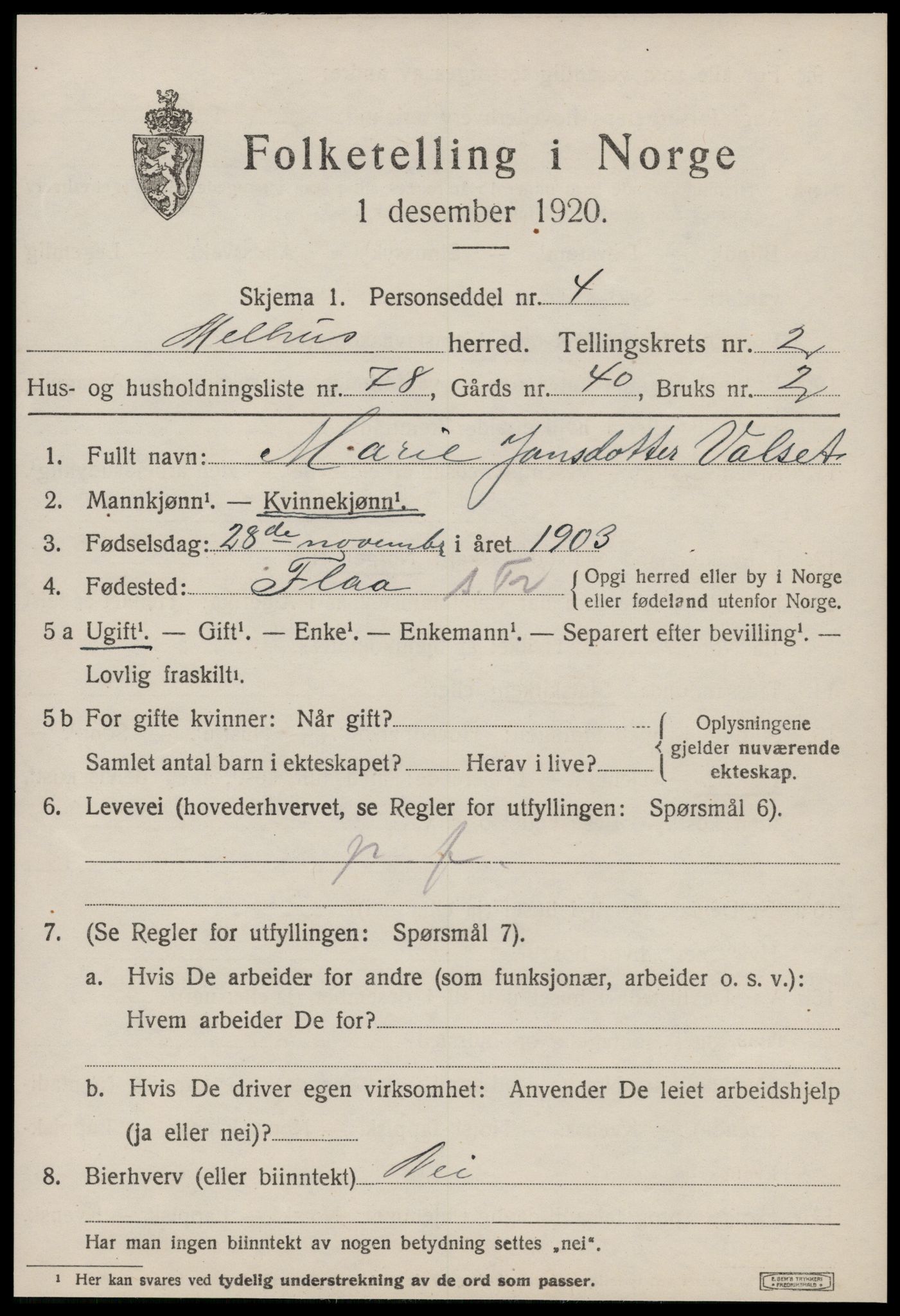 SAT, 1920 census for Melhus, 1920, p. 2589