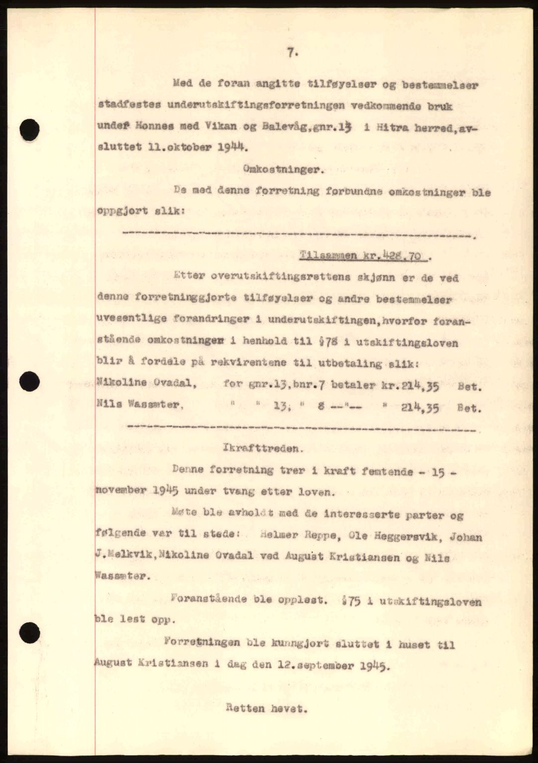 Hitra sorenskriveri, AV/SAT-A-0018/2/2C/2Ca: Mortgage book no. A2, 1943-1945, Diary no: : 563/1945