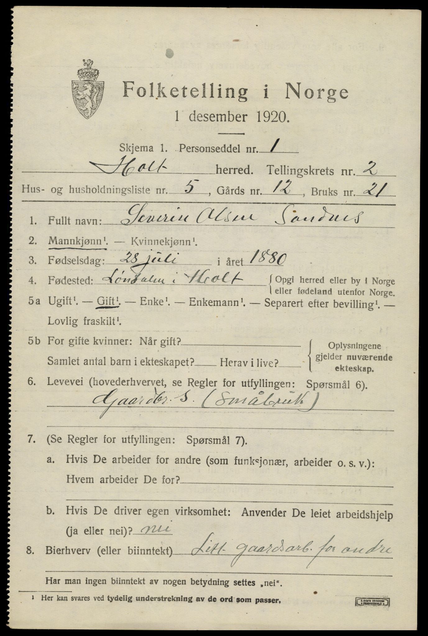 SAK, 1920 census for Holt, 1920, p. 2090