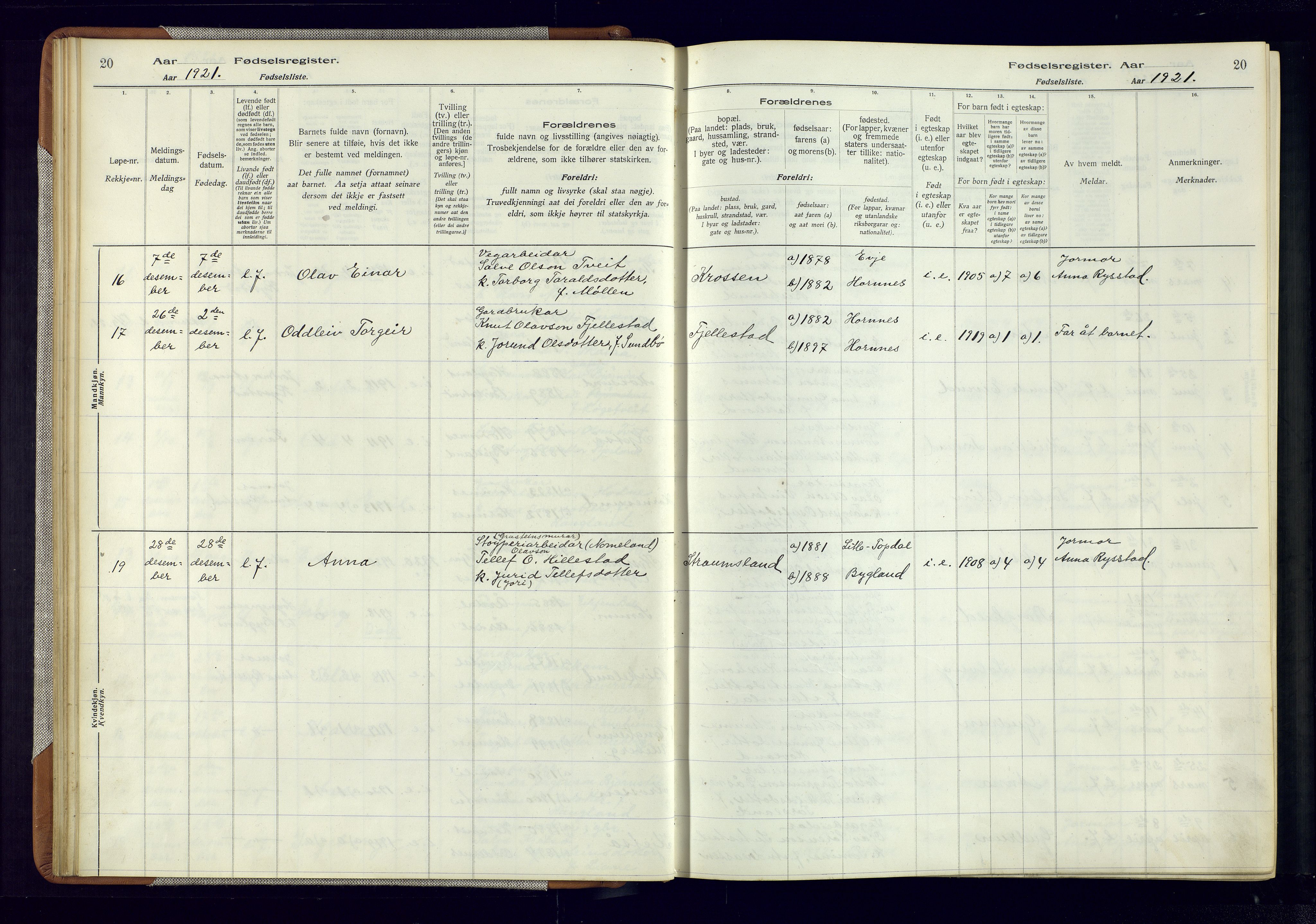 Evje sokneprestkontor, AV/SAK-1111-0008/J/Jc/L0006: Birth register no. 6, 1916-1982, p. 20