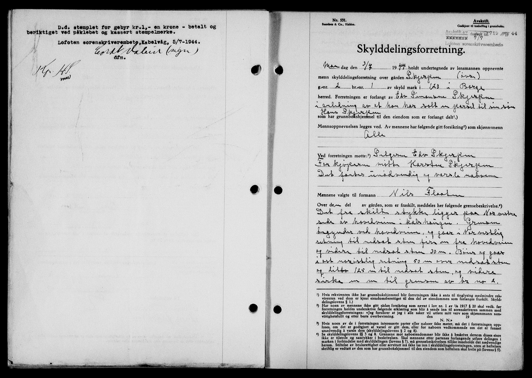Lofoten sorenskriveri, SAT/A-0017/1/2/2C/L0012a: Mortgage book no. 12a, 1943-1944, Diary no: : 729/1944