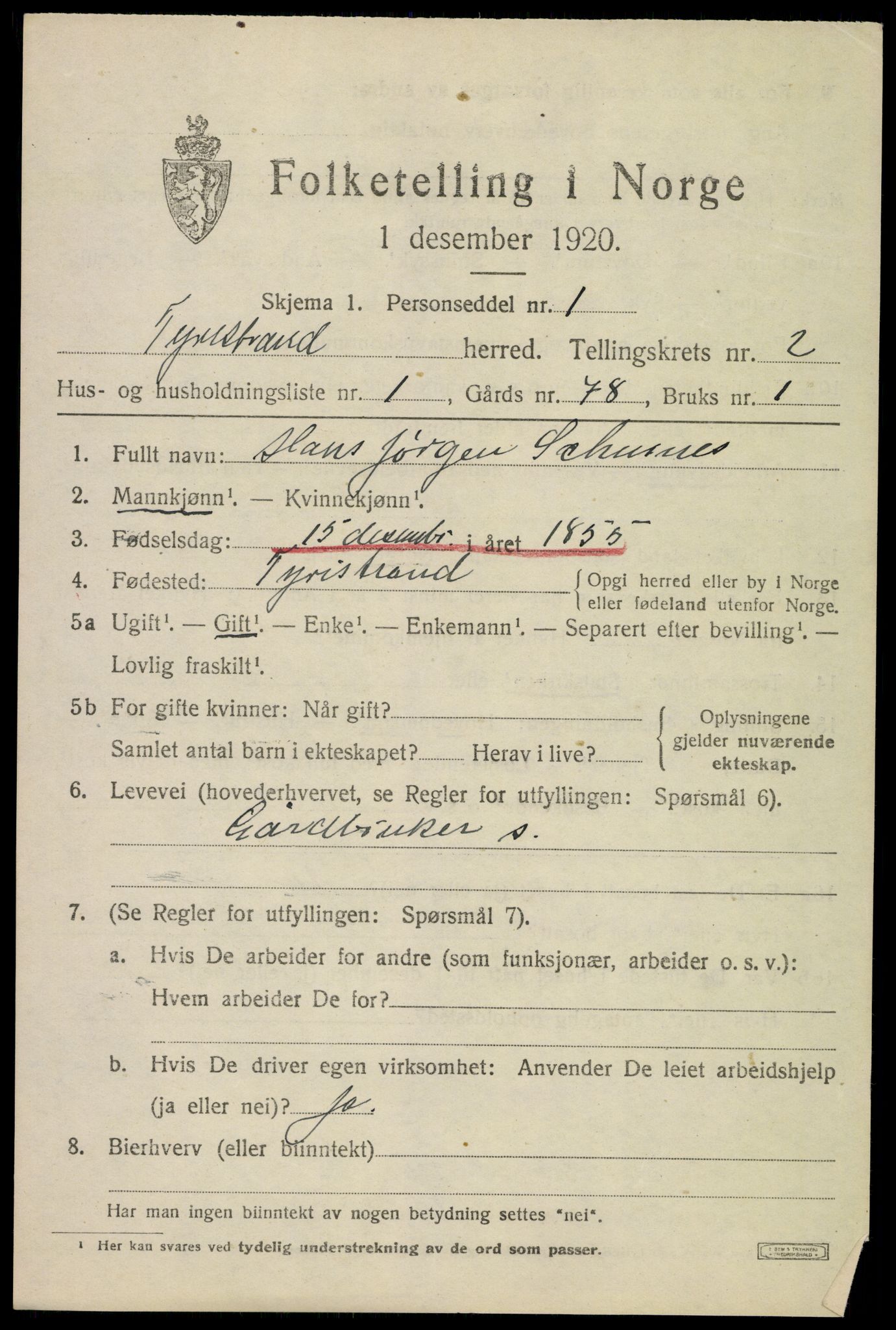 SAKO, 1920 census for Tyristrand, 1920, p. 1248