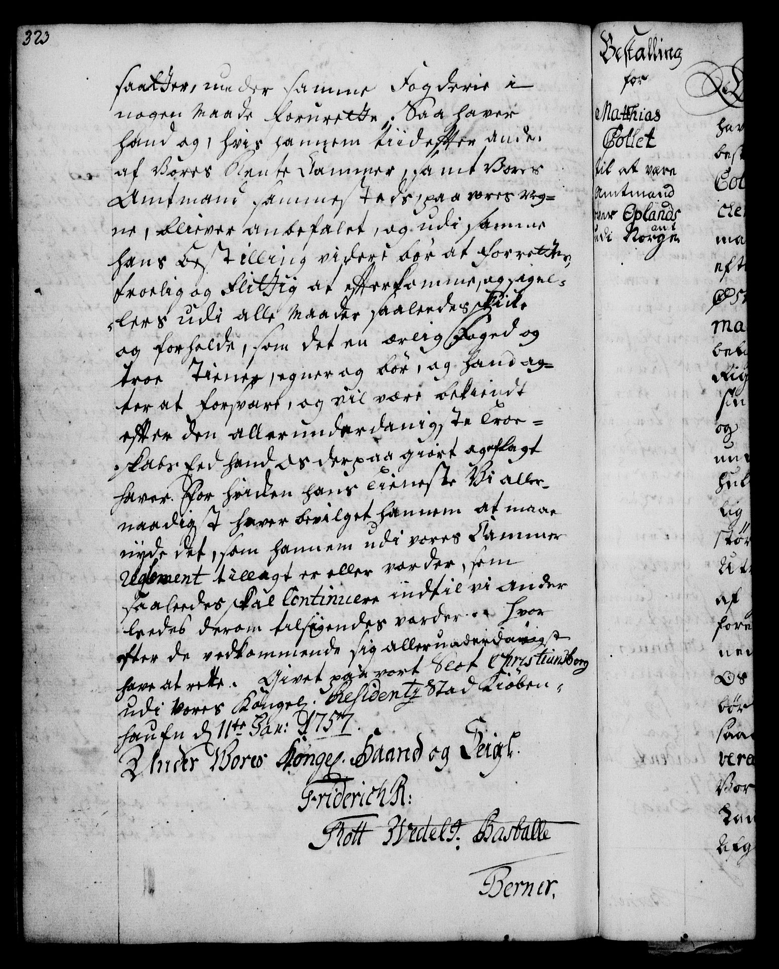 Rentekammeret, Kammerkanselliet, RA/EA-3111/G/Gg/Gge/L0003: Norsk bestallingsprotokoll med register (merket RK 53.27), 1745-1761, p. 323